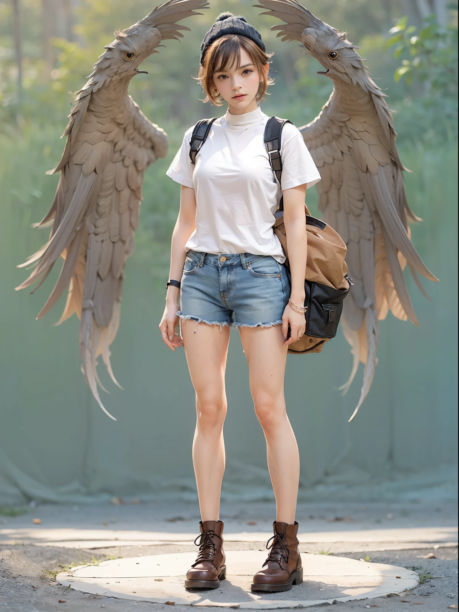 ((Small underhoulder length straight short hair: 1.2), （Extremely meticulous CG 8k wallpaper），（Extremely refined and beautiful），（Masterpiece），（best qualtiy：1.0），（Ultra High Resolution：1.0），beautiful light up，Perfect lightning，realistic shaded，[A high resolution]，Smooth and flawless fair skin，Extremely exquisite facial details，（perfect body：1.1），ultra - detailed，A beautiful girl，small head，(Small breasts:1.1)，Flat chests，slim，thin，Bandeau，（Light blue denim short skirt:1.1）,camel toe,(Black military boots:1.1)，early autumn，Dusk, sunset light，Standing at the school gate，Close Shot，Surrounded by a crowded crowd, (Emma_watson), full_body, 19 years old, tall, (smooth_abs:1.55), (abs:0.5), pretty, (long_skinny_legs), (skinny_waist), (((fair skin))), white skin, yellow/pink shorts, chestnut brown hair, looking at viewer, glasses, white knit hat