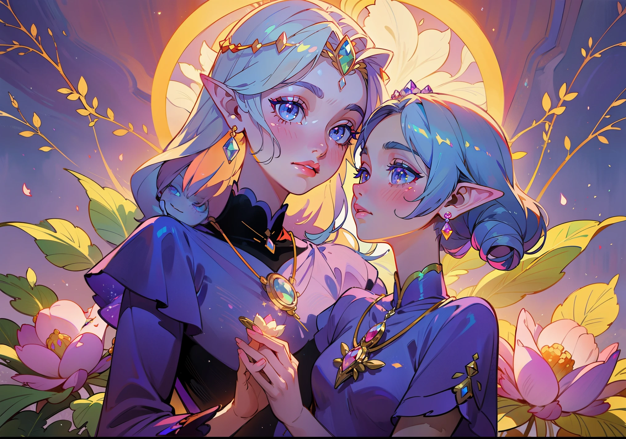 high-quality,ultra-detailed,beautiful detailed eyes,beautiful detailed lips,extremely detailed eyes and face,longeyelashes,medium:oil painting,portrait,colorful,soft lighting,princess,February theme,purple dress,tiara,graceful,ethereal,royal,blossoming flowers,fantasy,regal,enchanted garden,hairstyle with flowers,romantic atmosphere,lunar-inspired background,vivid colors,floral patterns,luxurious jewelry,dreamlike,gentle smile,celestial,pearl necklace,sparkling,delicate features,majestic,elven-like,serene expression,glowing,February birthstone,pastel colors,soft shadows,tranquil,graceful pose,fairy tale