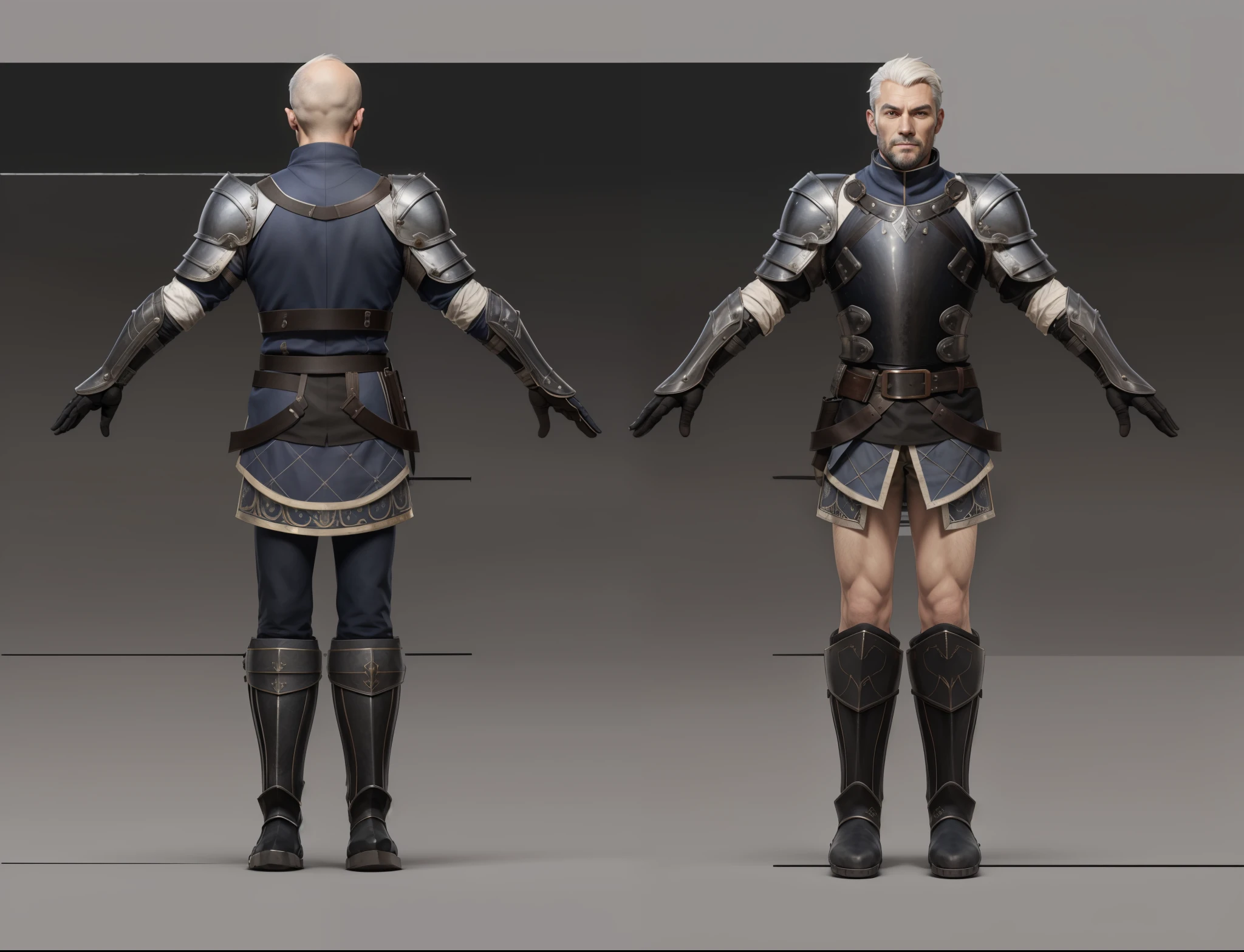 ( Realistic:1.33),(masterpiece:1.1),(highest quality:1.1),(HDR:1) a close up of a man with black leather front and back armor, collar armor, shoulder moonlit armor , full body concept, detailed full body concept, medieval imperial army style character, full body character concept, new costume concept design, full body details, detailed full body concept art, full character body, character model sheet turnaround, fullbody shot turnaround, concept character sheet, full body concept art, reference model sheet , full body concept art, imperial army style character, game character design, concept character, full body character concept art, 3d character reference sheet, male, video game character concept, detailed character design, character sheet, character model sheet turnaround , front and back, front and back, Imperial military cloth, dark costume, medieval blue Gambeson, (leather glove),( moonlit steel boot armor), gambeson, black leather waist belt, moonlit shoulder armor, black leaher chest, grey clean background, 3D character, steel boot, moonlit armor boot