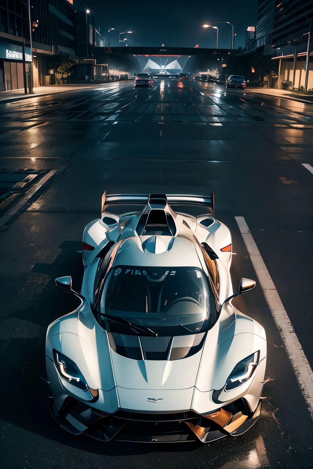 (Top Quality, 8k), A stunningly captured image of a white Aston Martin Valkyrie at a racetrack during rainy weather, Cinematic lighting illuminating the car from above, Neon lights in the background flickering brilliantly, Ultra-high resolution, Ultra-realistic rendering with Octane, High-detail representation, Sleek rainwater droplets forming on the car's surface, intricately captured textures on the car's body, Clear reflections of the surroundings in the car's glass windows, Ultra-detailed engine components visible, Rainwater cascading from the roof of the car creating a mesmerizing scene.