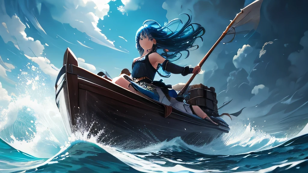 Imagine a dynamic scene in vertical 1.:2 ratio, I captured it in a watercolor style., Where a young girl with shining blue hair and bright yellow eyes stands resolutely on a raft drifting on the open sea.. her clothes are long, Tattered clothes fluttering around her, Made of durable fabric that can withstand the harsh whims of the sea.. The dress is fastened with a simple belt., Adds practicality and sturdiness to the silhouette. Her hair blows in the harsh sea breeze.., Add dramatic tension to the scene. Her ears are decorated with shell-shaped earrings., A touch of elegance amidst fierce elements. A sturdy spear is clutched in her hand., Her resolute stance shows she is ready to defend the raft against the attack of a fearsome great white shark from below... The shark's imposing figure looms beneath the water's surface., Casting a menacing shadow on the raft's timbers.. The surrounding sea churns in swirls of watercolor blues and greens.., Reflecting the chaos of the standoff. The girl's face is shown in intense focus., Her expression shows her indomitable will to survive and protect her temporary sanctuary on the vast and turbulent sea..