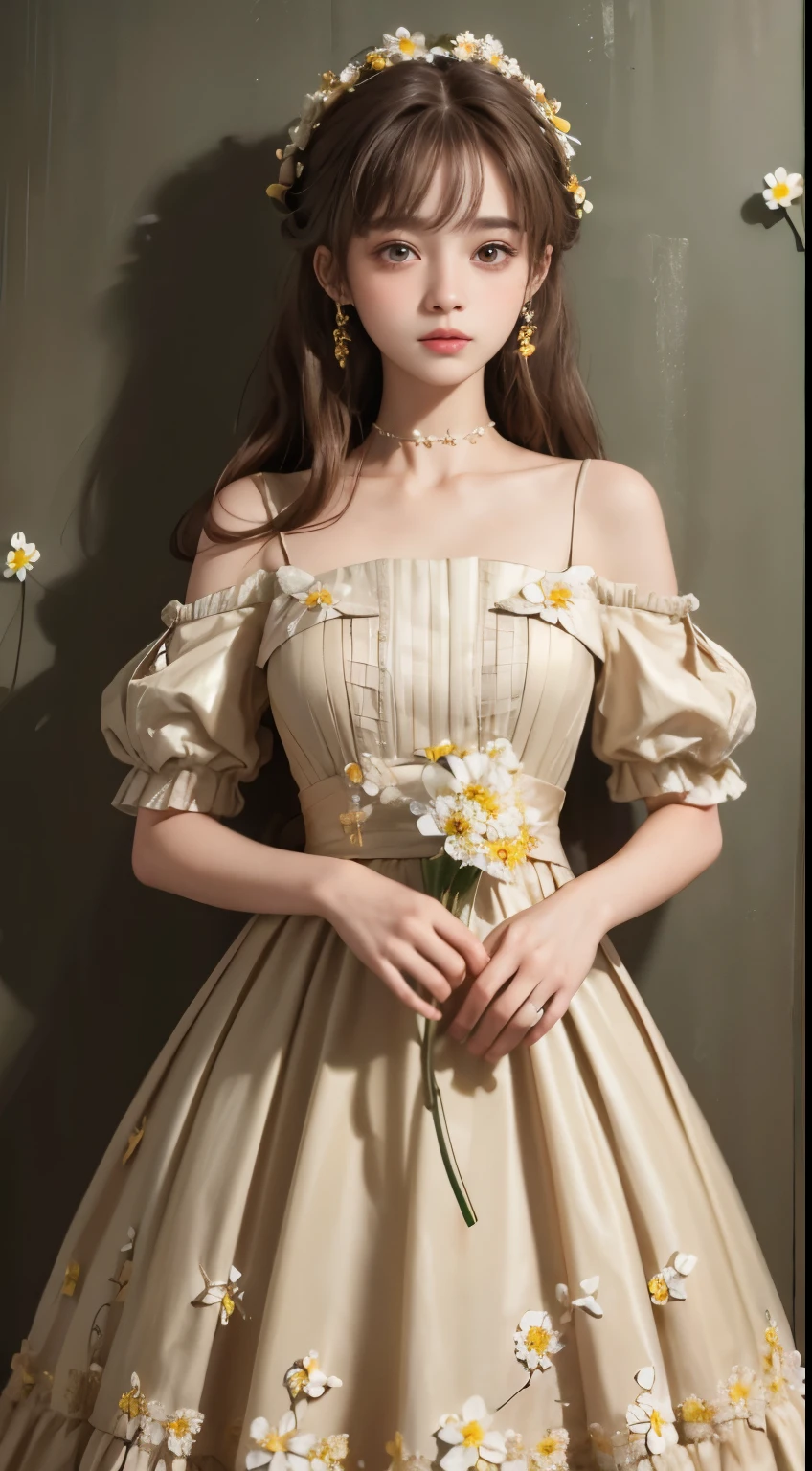 ((highest quality, 8K, masterpiece)), Super detailed, ,, cute gorgeous dress girl,,,,, brown shoulder-length hair | ribbon,,flowers in full bloom々