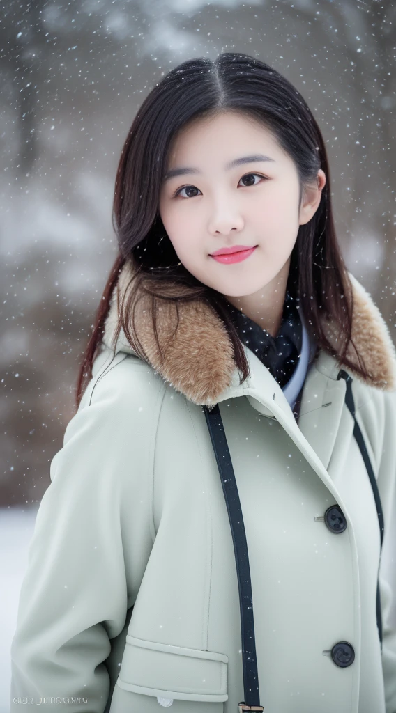 realistic photos oF (1 cute korean stars) Shoulder length hair, Light makeup, medium breast size, wearing coat, in the snow, clear Facial Features, 8K high resolution, Clear and lifelike details.From outside, Head-up shooting, F/4.0, 135mm, FujiFilm, jpeg artiFacts, Jitter, ultra high definition, masterpiece