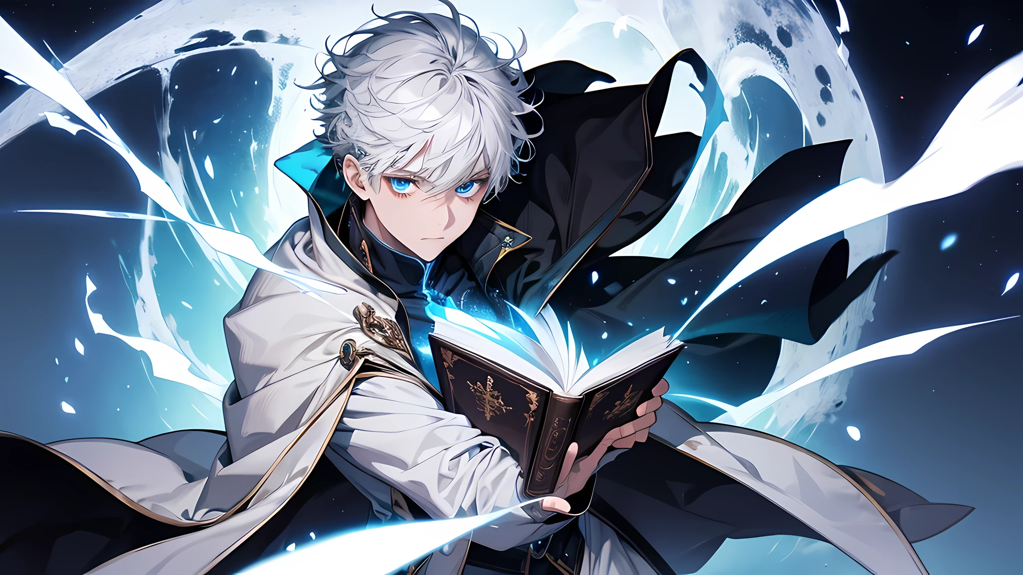(absurdres, highres, ultra detailed), masterpiece, best quality, a boy with in white outfit, holding book, cape, wizard, solo, handsome, short hair, white hair, blue eye, glowing eye, glow effect, blue flame, finely eye, detailed face, spark, swirl, magic vortex, isolated land background, from below, look down, perfect face, perfect eyes, detailed face, detailed eyes