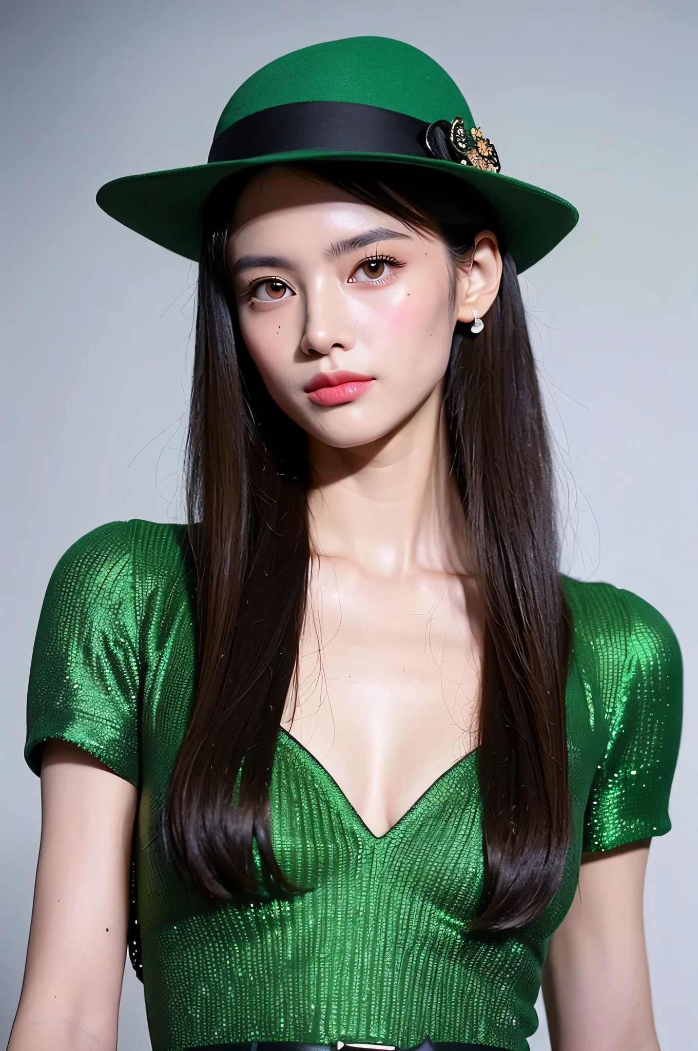 (Extra detailed body、The facial details are particularly rich、best quality:1.2)、Miss、looking at the audience、(Quirky fashion in green and black、fashion show、large hat、)、(Cream wall mess on background:1.4