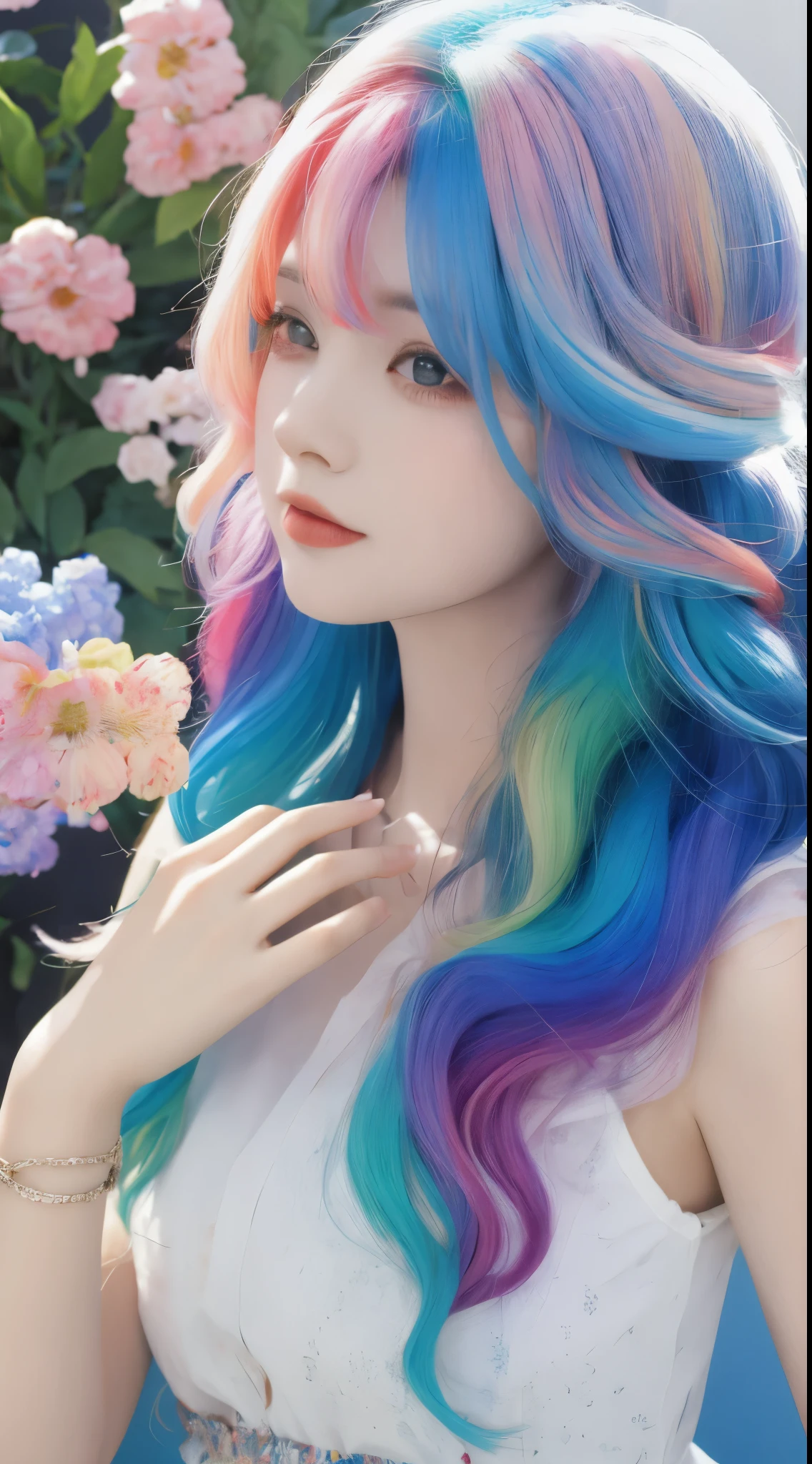 a girl,rainbow colored hair,Romanticized nature,curls,dream