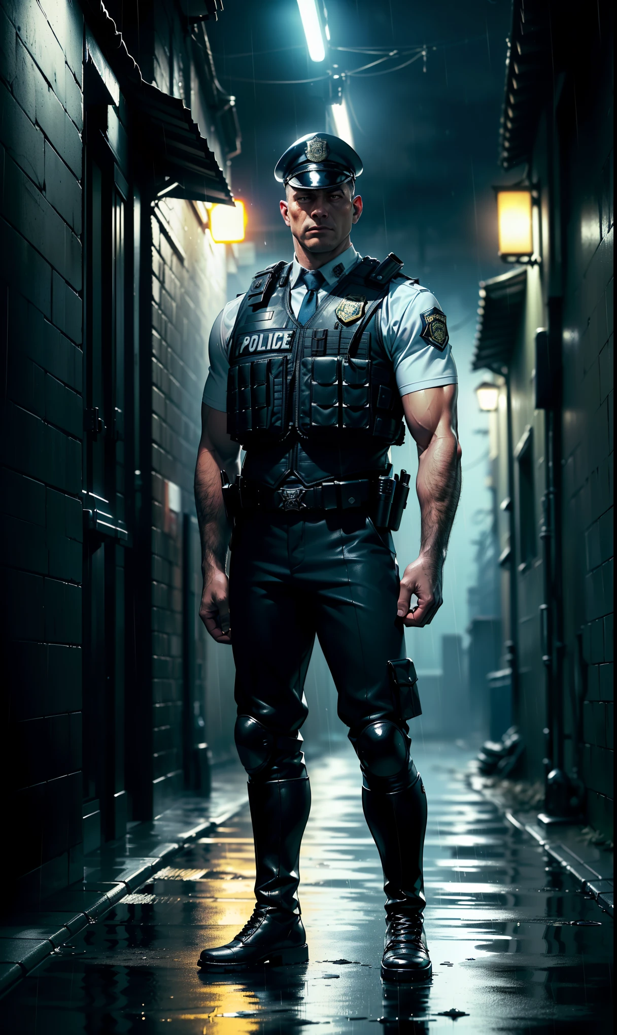 (
(Character: one police man, japanese, short hair, muscular)
(Clothing: bulletproof vest, tactical boots)
(Pose: full body shot:1.7, Standing at attention, arms behind back, serious)
(Background:dark alley, intense urban lights in background, rain, blue color scheme)
(Style: ((Best quality)), ((masterpiece)), (face detailed), photo-realistic:1.3, hyperrealistic)
)