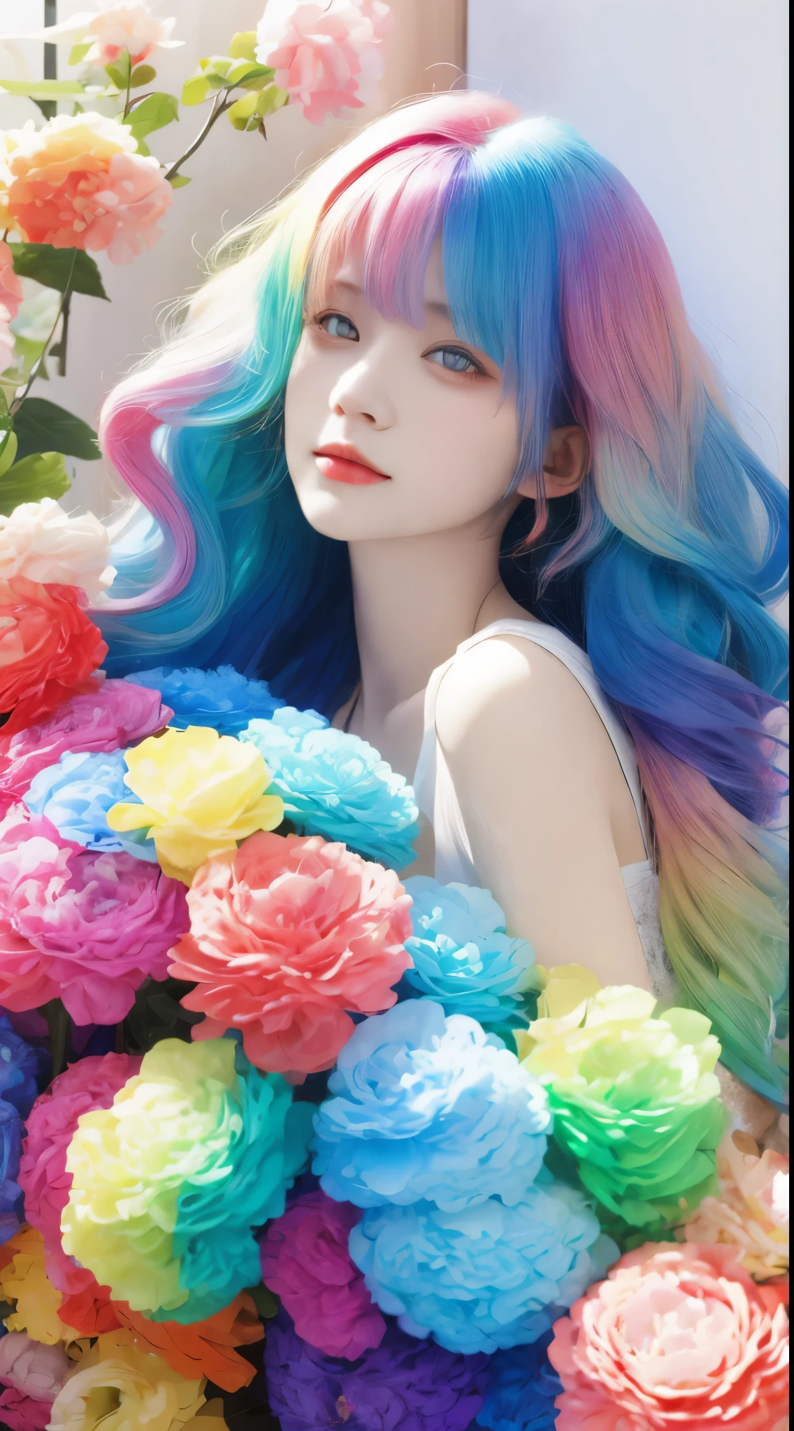 a girl,rainbow colored hair,Romanticized nature,curls,dream