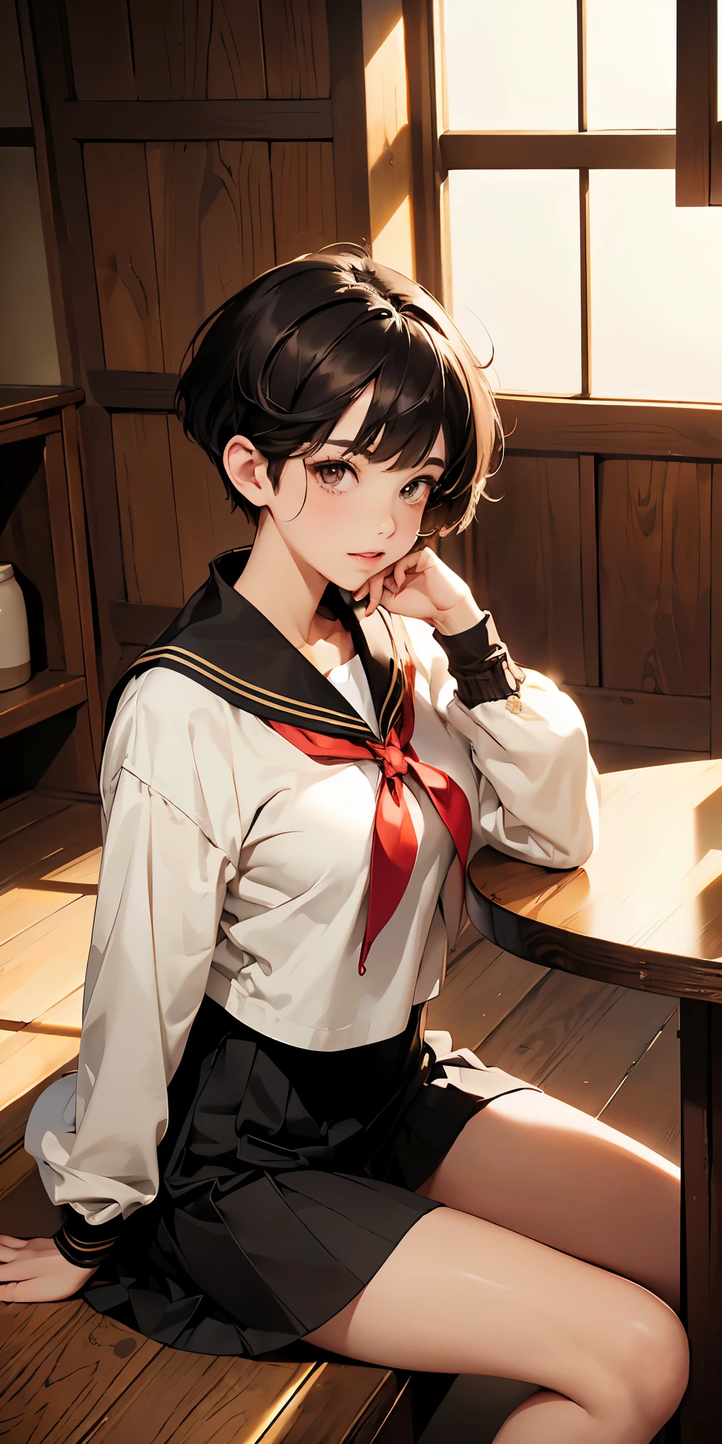 8K, masterpiece, highest quality, ultra high resolution, highest resolution, very detailed, professional lighting, orange light lighting、Backlight、Detailed CG、Low angle from the front、full body shot、Beautiful woman、beautiful eyes、(detailed face and iace:1 2)、narrow eyes、almond eye、brown eyes、gradation eye、highlight:1.2)、(beautiful black hair、short hair、(plump lips) 、(oval face : 1.4)、(thin fingered arms、detailed human hand)、(table top, highest quality:1.2), nostalgic、wooden warehouse、Scenery with Japanese wooden houses、sitting in veranda、ancient folk house、pine trees、plant、beautiful japanese garden、Beautiful red sunset、vapor、mist、white breath、full body pose、A girl who blends into the scenery、sitting in a chair、Beautiful woman, small face、white skin、very cute, 17 years old、(fine eyes、bright pupils、gradient eyes:1、細かく描かれたbeautiful eyes:1、symmetrical eyes:1、目の大きなhighlight:1.2)、thin hair、brown eyes)、Breasts are medium in size、(black brown hair、ベリーshort hair:1.5)、(black sailor suit、serafuku:1.4)、thin and long legs、beautiful hip line、beautiful spine、constricted back、tight waist、JK black skirt 、pleated skirt、Hip line emphasis、black socks、black stockings、brown eyes,face is a little red, beautiful breasts、Breasts are A cup、shoes are loafers) 、(round face: 1.4)、gentle smile、open your mouth、teeth visible、black knee high socks、I am wearing a sweater over my sailor suit jacket.