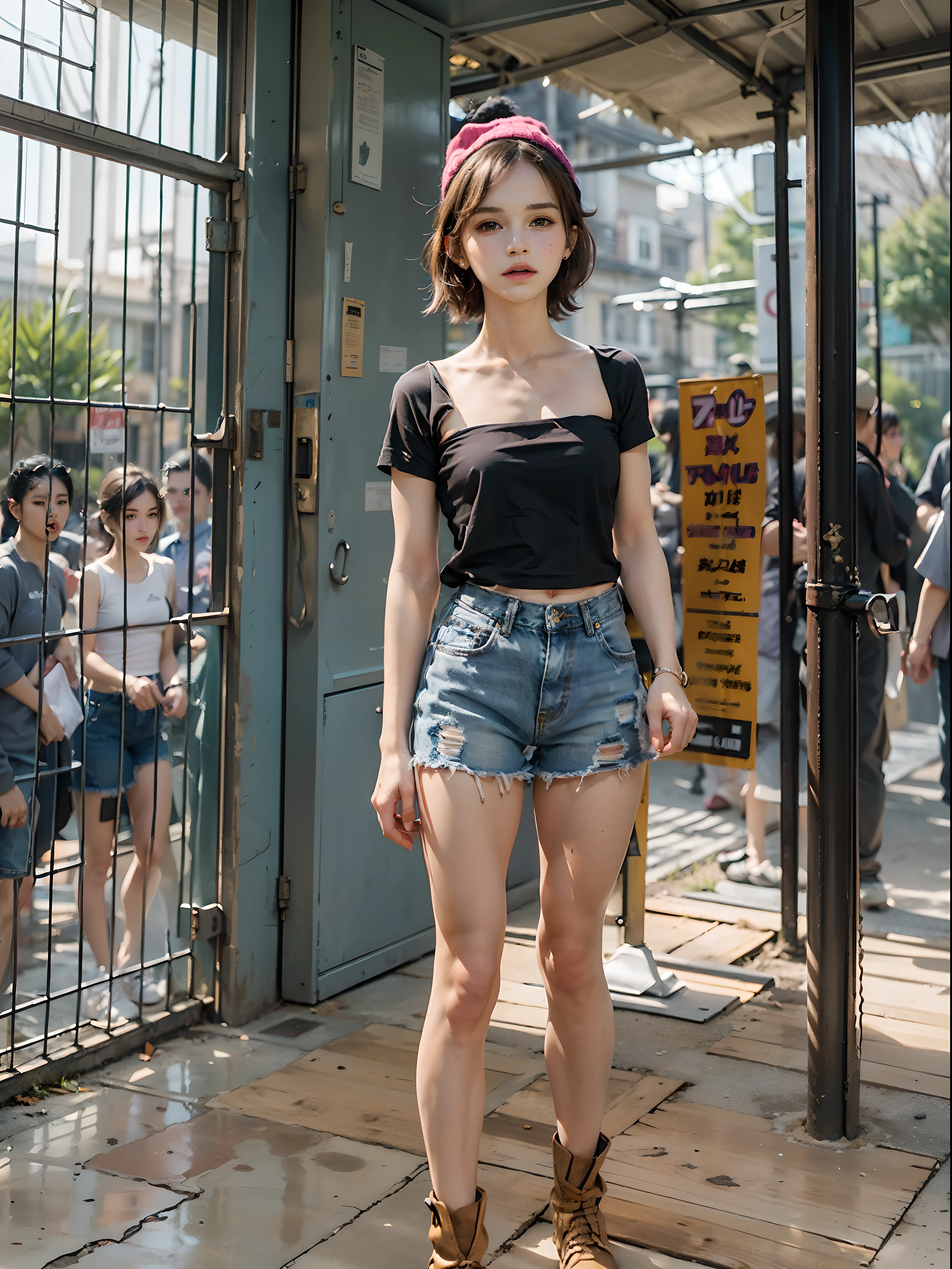 ((smallunderboob,Tomboyish,small heads)), (Well-defined abs: 1.1), (perfect bodies: 1.1), (short-length straighthair: 1.2), Black hair, fully body photo, nabel，（极其细致的CG 8k壁纸），（Extremely refined and beautiful），（tmasterpiece），（best qualtiy：1.0），（超A high resolution：1.0），beautiful light up，Perfect lightning，realistic shaded，[A high resolution]，Delicate skin，ultra - detailed ，Wearing a loose, Oversized black short-sleeved T-shirt，denim short，Elongated legs，flatchest，Slim，emaciated，at the doorstep of a school，are standing，Crowded，Everyone watched，Dusk light，summertime，Cup of coffee in hand，slippers，Hair tied at the back of the head