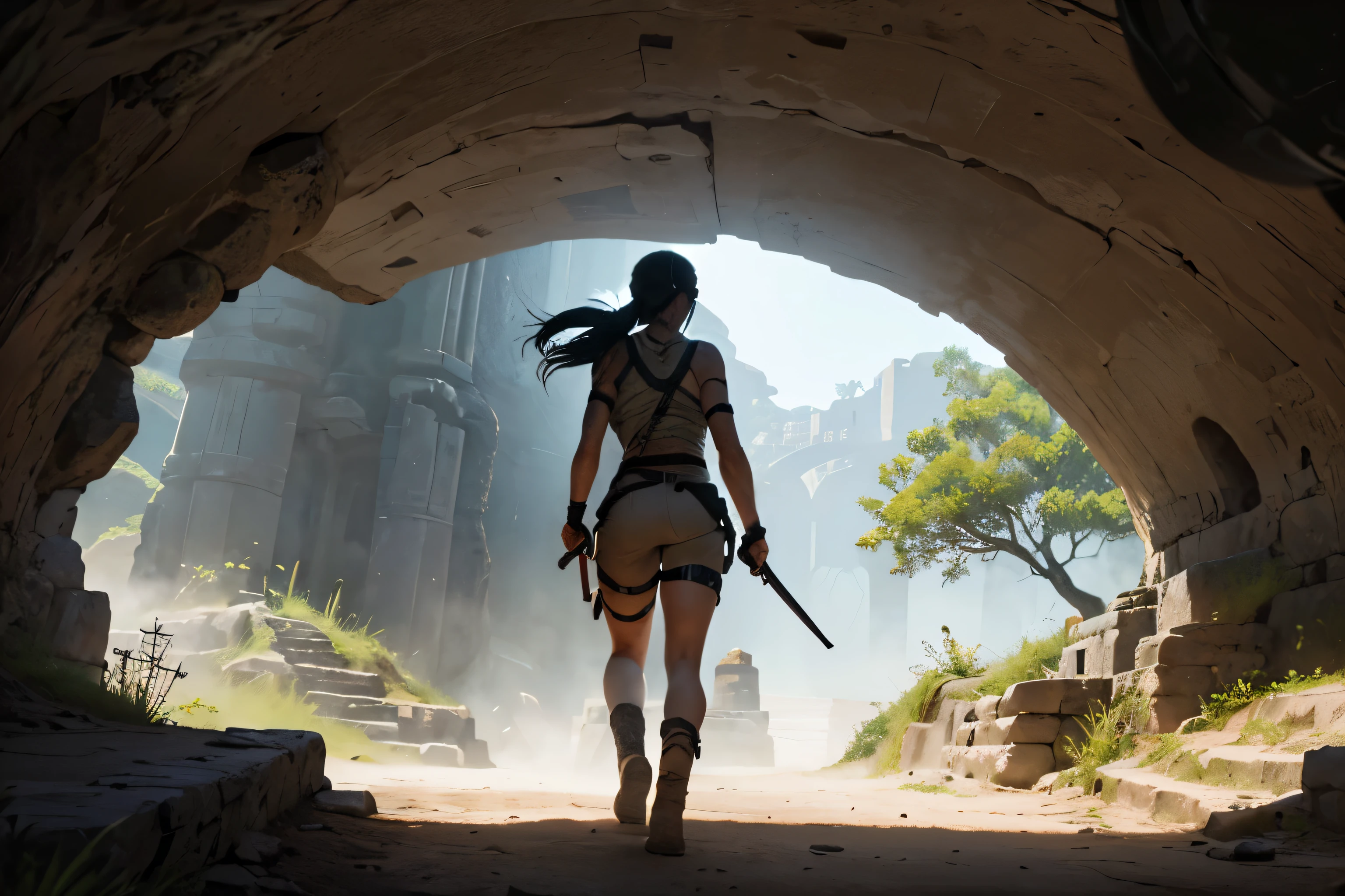 (((Underground landscape of the ancient kingdom))), A beautiful young explorer stood in the distance., ((Wear the Tomb Raider outfit.))