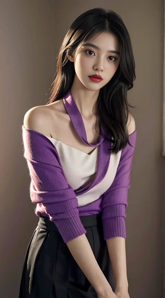 A perfect young female white-collar worker，China，high-definition，masterpiece，black hair，Long hair shawl，Long hair shawl，Off the shoulders，clavicle，delicate face，Hydrating red lips，Small suit purple dress pleated top shirt hot girl short skirt，knitwear，black stockings，True humans，Interior wall background，CG rendering，16k，stand up，empty interior，don&#39;t show your hands，hands behind，close-up