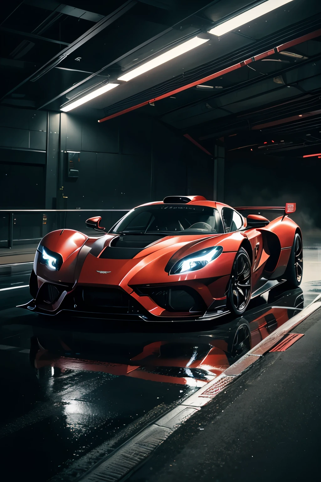 A dark red color Aston Martin Valkyrie with its sleek, aerodynamic design gliding across a racetrack, its powerful engine roaring through the rainy weather. The scene is illuminated by cinematic lighting, casting dramatic shadows and highlighting the intricate details of the car's curves and contours. In the background, neon lights create a mesmerizing glow, adding an extra layer of intensity to the atmosphere. This ultra-realistic image, rendered in stunning 8k resolution, captures every nuance and texture of the vehicle, from the reflective sheen of the paint to the subtle wear and tear on the tires. It is a masterfully crafted masterpiece, showcasing the best quality in digital art and transport enthusiasts to a world where speed and sophistication collide.