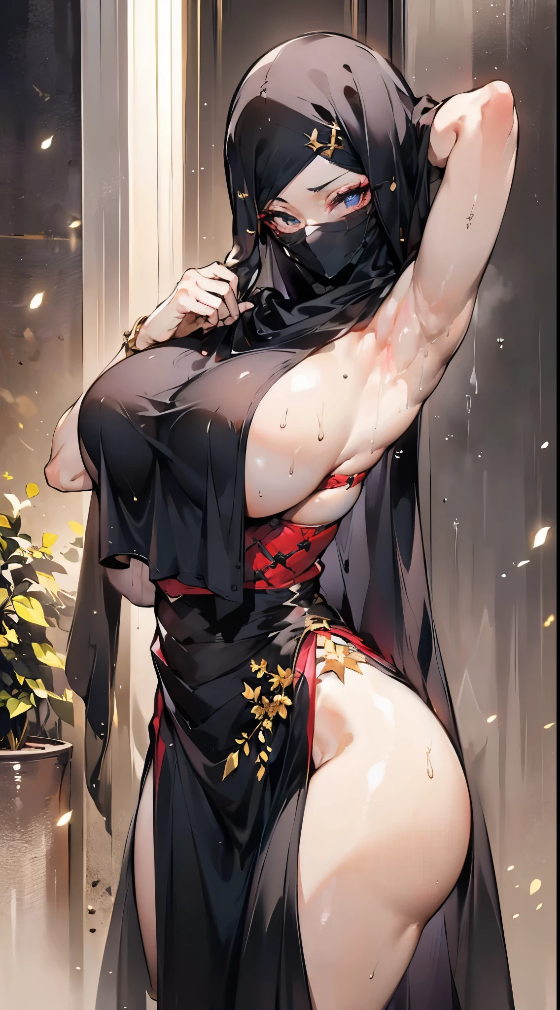 photorealistic, high resolution, 1 girl, hips up, female bodybuilder, long straight black hair, beautiful eyes, normal breast, dark souls style, armor, black hijab, black niqab, golden embroidery, ultra detailed armpit, sweaty armpit, wet, muscular, desert castle, backlighting, high slit, no panties, (bare breasts), dark nipples, (steamy armpits:1.2),