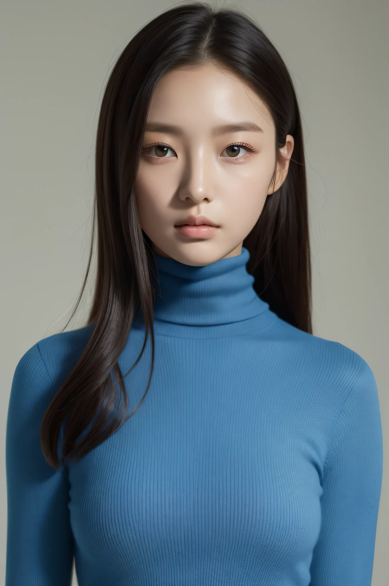 Alafield photo of woman wearing blue turtleneck sweater, Pastels inspired by contemplation, Douban, realism, Beautiful young Korean woman, Beautiful young Korean woman, Young cute asian face, Young cute korean face, beautiful korean woman, korean girl, cute korean face, Gorgeous Chinese model, korean fashion model, Nam Jae Hwa，big breasts，Half body photo，close-up photo，real