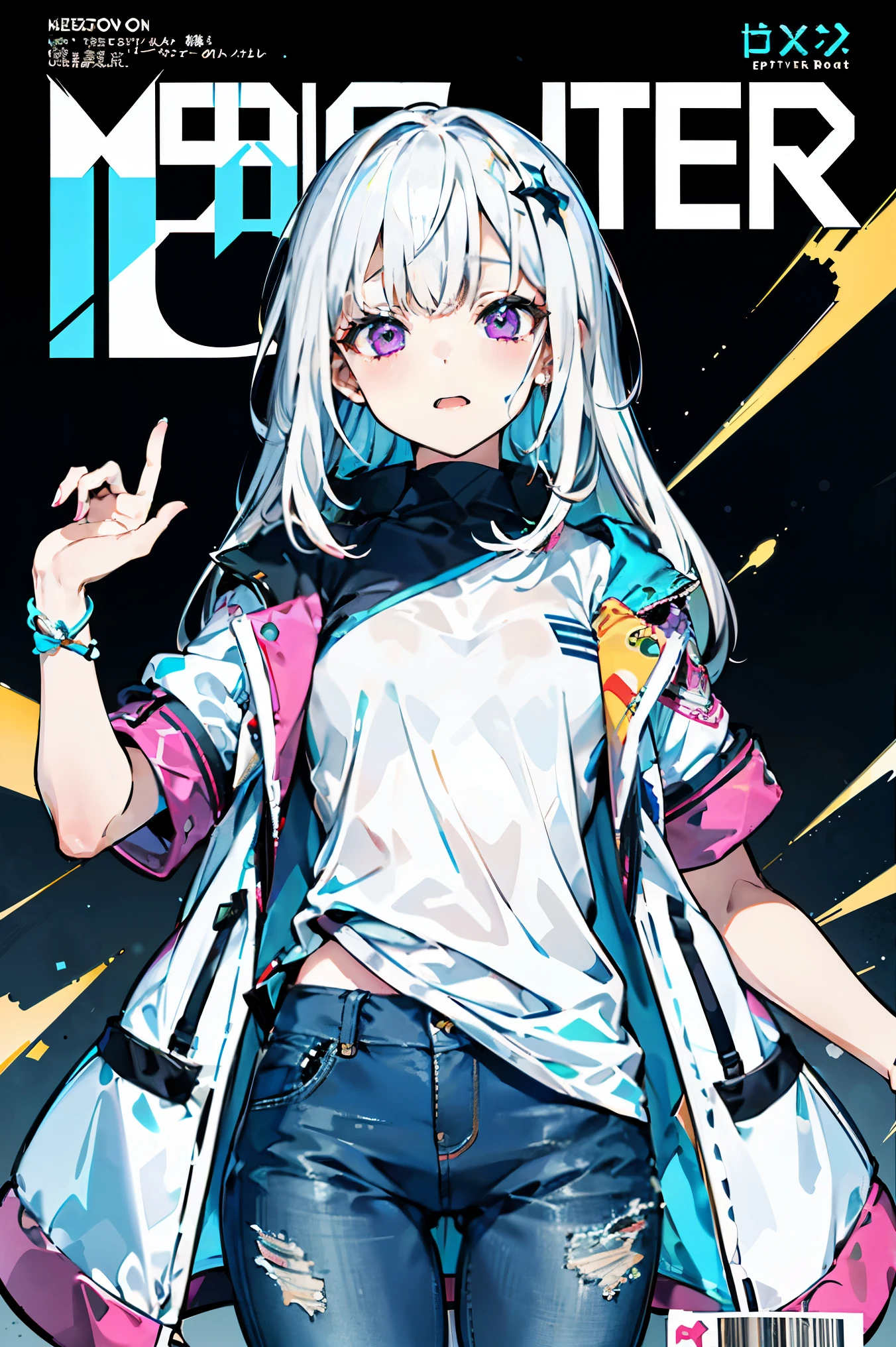 Maximalism artstyle、neon theme、悬浮font［［Ranqi］］suprerralistic、masterpiece，best quality，stills， High definition，1 girl，黑长的hair，Pink eyes，Pink long-sleeved coat，Short sleeves in white，Gray jeans，16 years old、Ultra-detailed、super quality、、Beautiful colors、hair、、1girlkawaii、、、high detail、high quality、backlight、、upper part of body、high quality、Game characters，pink eyes，pink jacket、white jean，upper part of body、white shirt，黑色background、长hair、1girl floating、、looking at the audience、put down your arms、黑色background、background、long black hair，long black hair，radial lighting、Abstract、[[一只眼睛上方的hair]]、gloomy
(Magazine:1.3), (cover type:1.3), woman, with vitality, posture, ahead, rich and colorful, Dynamic, background与, element, I am very confident, expressive,, statement, surroundings, touch, on site, text, cover,Attract attention, title, font, catchy, title, big deal, touching, modern, trend, focus, kind
