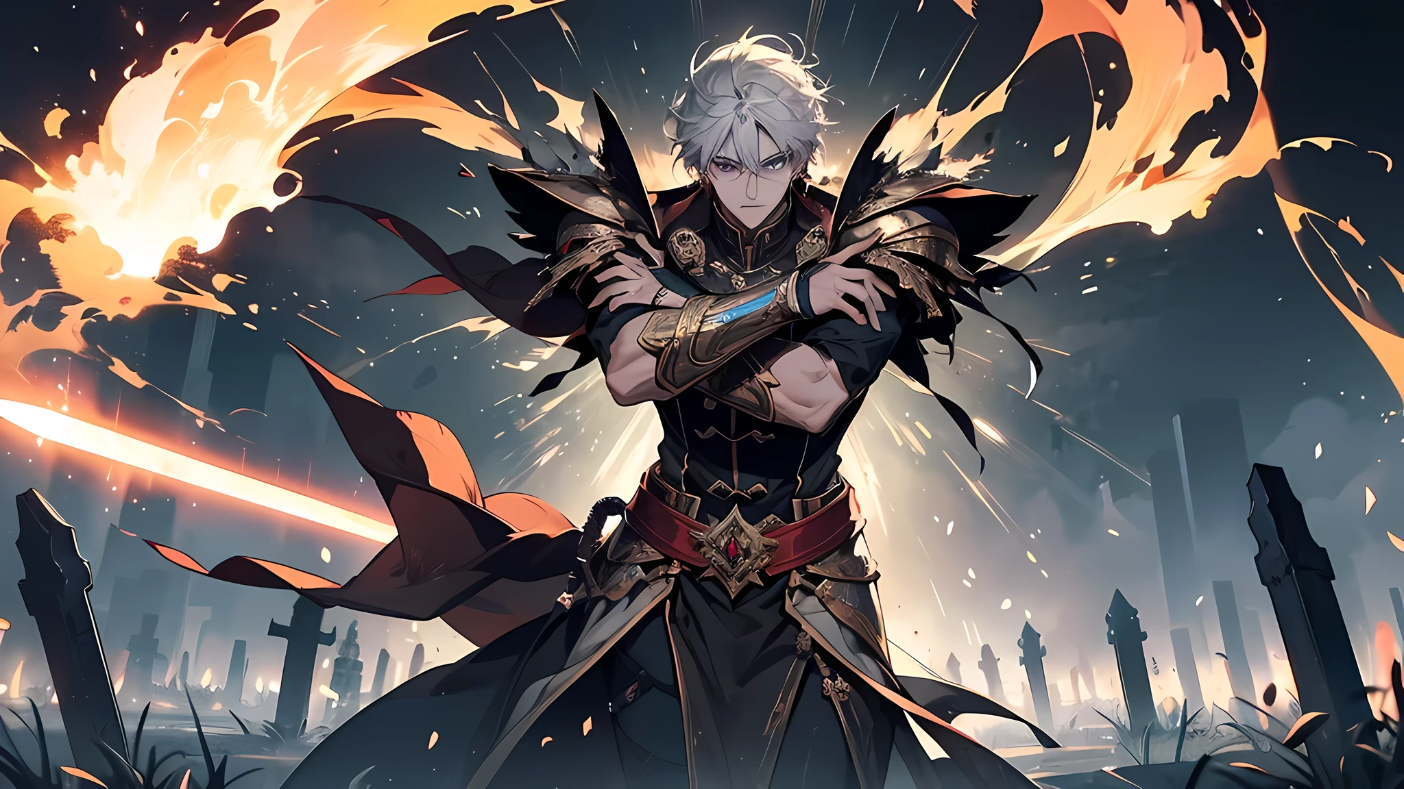 (16k, RAW photos, maximum quality, masterpiece: 1.2) 1man wearing robust black armor emitting tron circuit luminosity intricate to detail, helm with flaming red light coming out of his eyes an extremely murderous aura, supported with both hands on a giant sword, shining, well detailed \excalibur\ with gold and silver a powerful shining blade capable of splitting the earth in half, with writings carved with luminous details, the emanation of absolute power, generating sparks and steam around it passing this gigantic energy for the sword wielder, standing in the cemetery looking at the viewer as the fog spreads across the ground, (focus on the sword), extremely detailed image, The versus Race Combat Power status are, Human Combat Power E 4 from one hundred up, This Race Combat Power E 1 from one hundred up