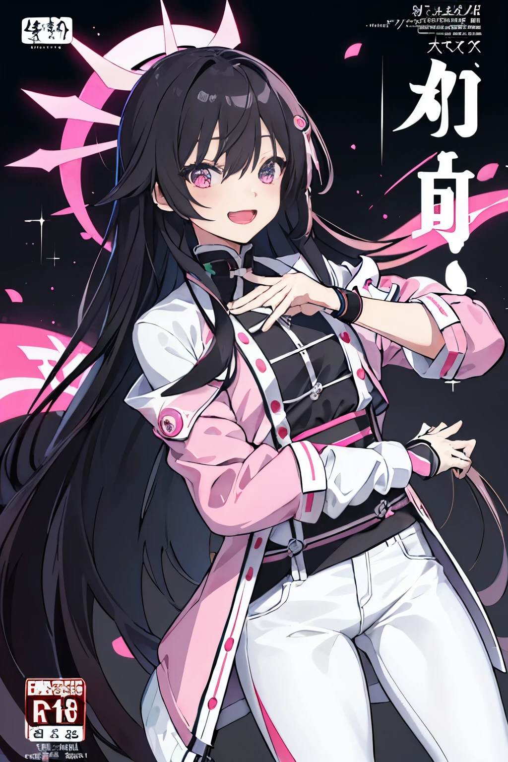 Maximalism artstyle、neon theme、悬浮font［［Ranqi］］suprerralistic、masterpiece，best quality，stills， High definition，1 girl，黑长的hair，Pink eyes，Pink long-sleeved coat，Short sleeves in white，Gray jeans，、Ultra-detailed、super quality、、Beautiful colors、hair、、1girlkawaii、、、high detail、high quality、backlight、、upper part of body、high quality、Game characters，pink eyes，pink jacket、white jean，upper part of body、white shirt，黑色background、长hair、1girl floating、、looking at the audience、put down your arms、黑色background、background、long black hair，long black hair，radial lighting、Abstract、[[一只眼睛上方的hair]]、gloomy
(Magazine:1.3), (cover type:1.3), woman, with vitality, posture, ahead, rich and colorful, Dynamic, background与, element, I am very confident, expressive,, statement, surroundings, touch, on site, text, cover,Attract attention, title, font, catchy, title, big deal, touching, modern, trend, focus, kind，Smile