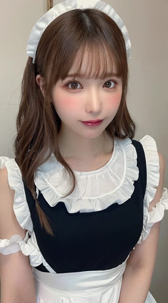 on the table, best quality, illustration, Super detailed, fine details, high resolution, 8k wallpaper, Perfect dynamic composition, ((close up:1.3, from above, looking at the audience)), Beautiful and delicate eyes , (Wearing cotton maid outfit, Cute Ruffle Girls Dress, maid headband, Color base is white、black、blue),