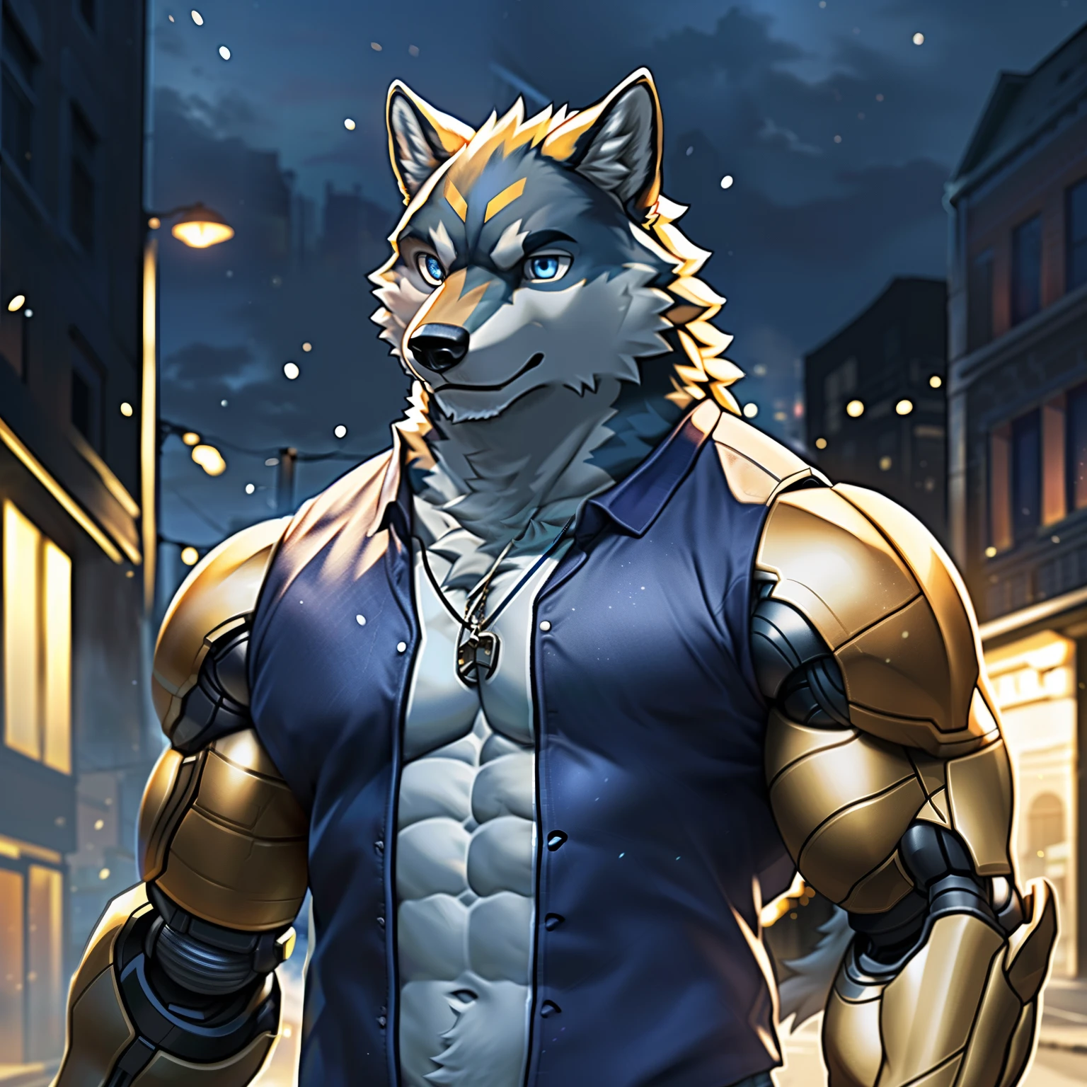 solo, (middle-aged male), (muscular), (male anthro wolf):1.3, yellow fur body, white belly, (standing):1.3, (kemono:1.4) (praying):1.23, ((detailed casual clothes: 1.2)), detailed eyes, wolf tail, wolf ears, ((bust portrait)), (detailed eyes, blue eyes,): 1.1, (outdoor: 1.35), wind, street lights, street, daytime, (particles, scattered letters, orange glow): 1.3, detailed background, realistic hands, 8k hd, (dark shadows, wide dynamic range, hdr, low light: 1.2), ((({only left arm prosthetic Metal Arm, rest of body is normal})))