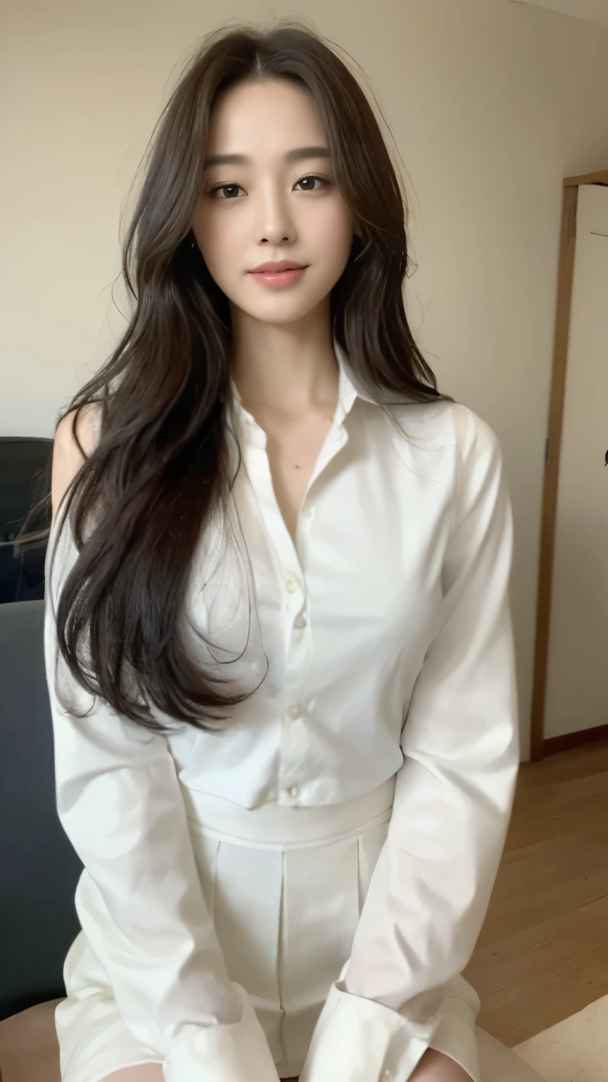 ((top-quality、8k、masterpiece:1.3))、Beautiful woman with perfect body:1.4、slim abdomen:1.2、Longhair, normal breast, Highly detailed facial and skin texture, A detailed eye, delicate eyes, double eyelid, (smile), (full body shot), ((office)), (sitting on chair), (((wearing white uniform))), looking in front