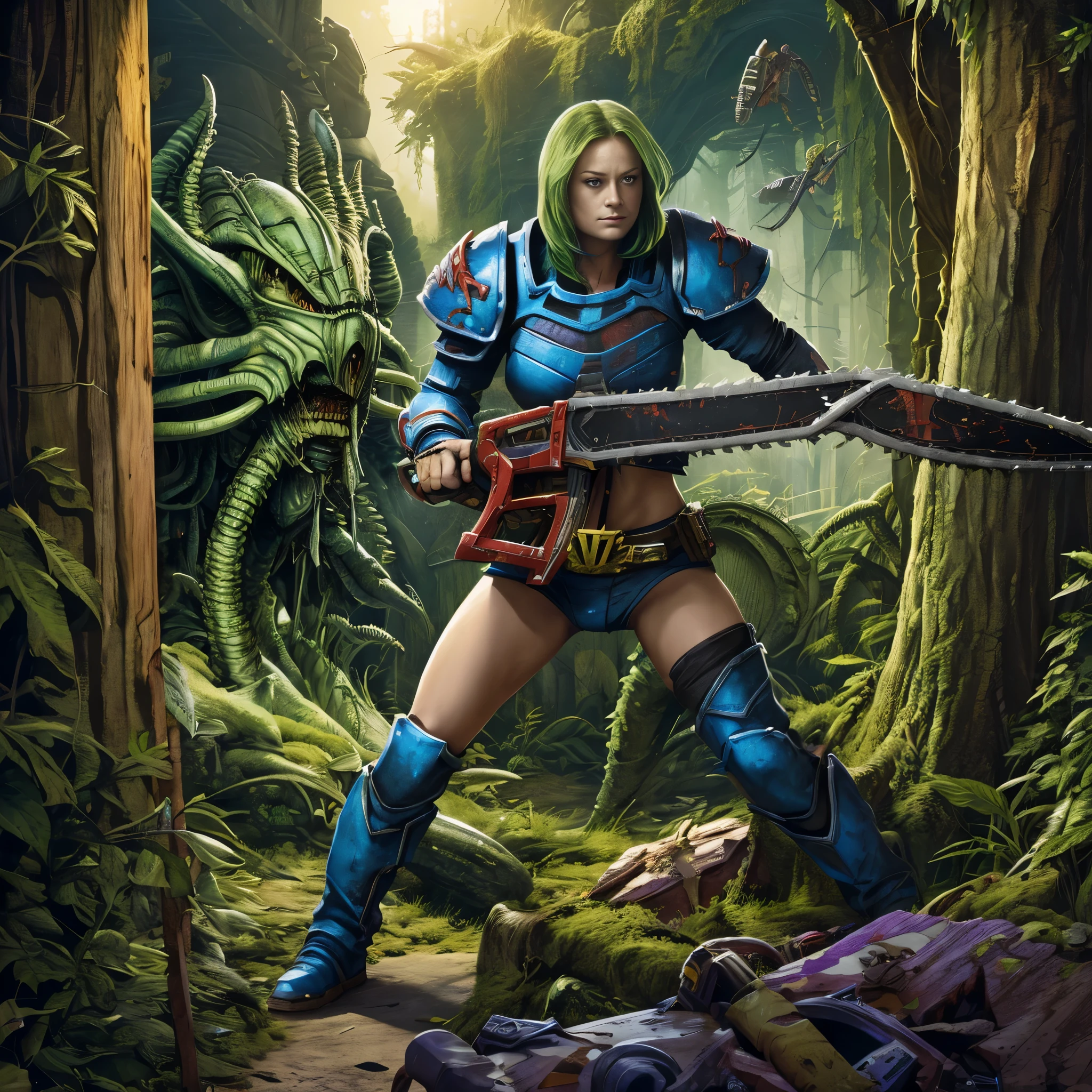 Brie Larson (age 25), is playing a warhammer 40k Sister of Battle, she is wielding a chainsword (chainsaw|sword) battling a Tyranid (alien|bug), horror, action