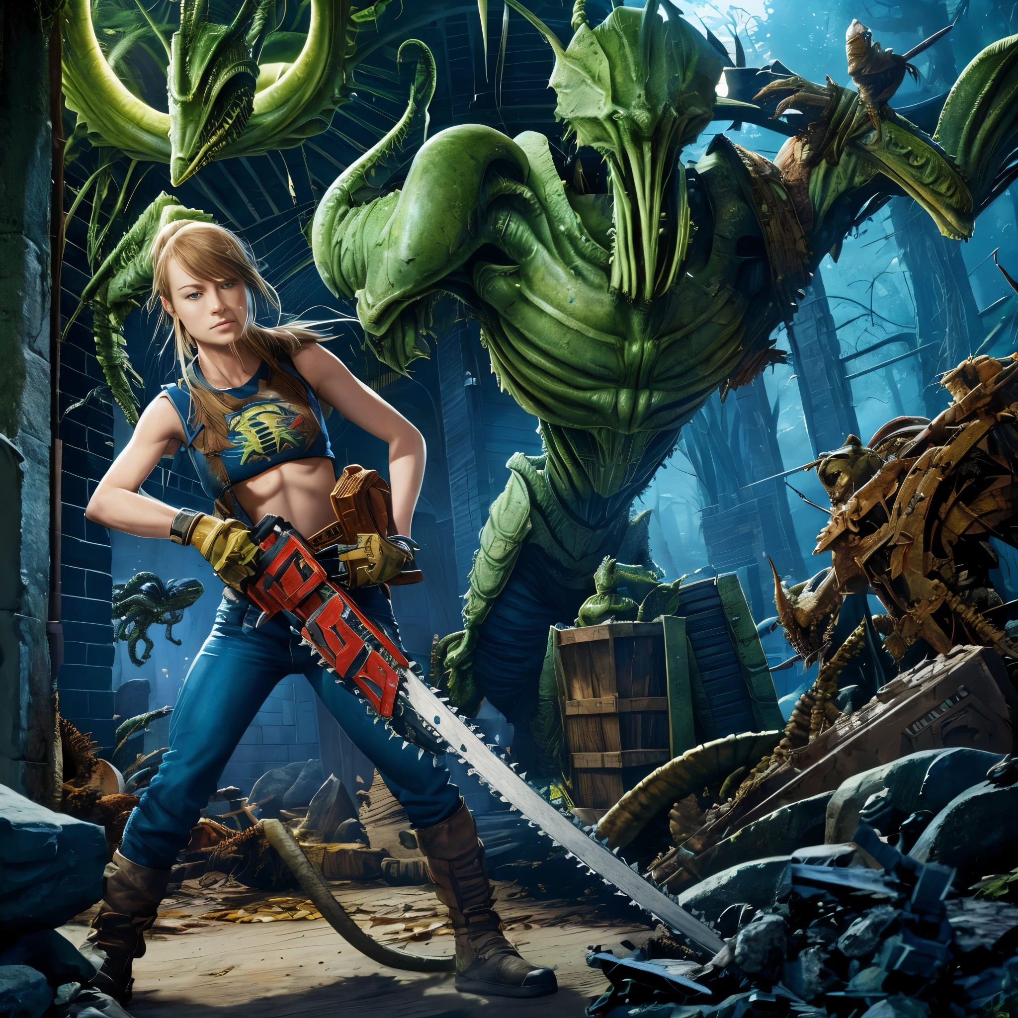 Brie Larson (age 25), is playing a warhammer 40k Sister of Battle, she is wielding a chainsword (chainsaw|sword) battling a Tyranid (alien|bug), horror, action