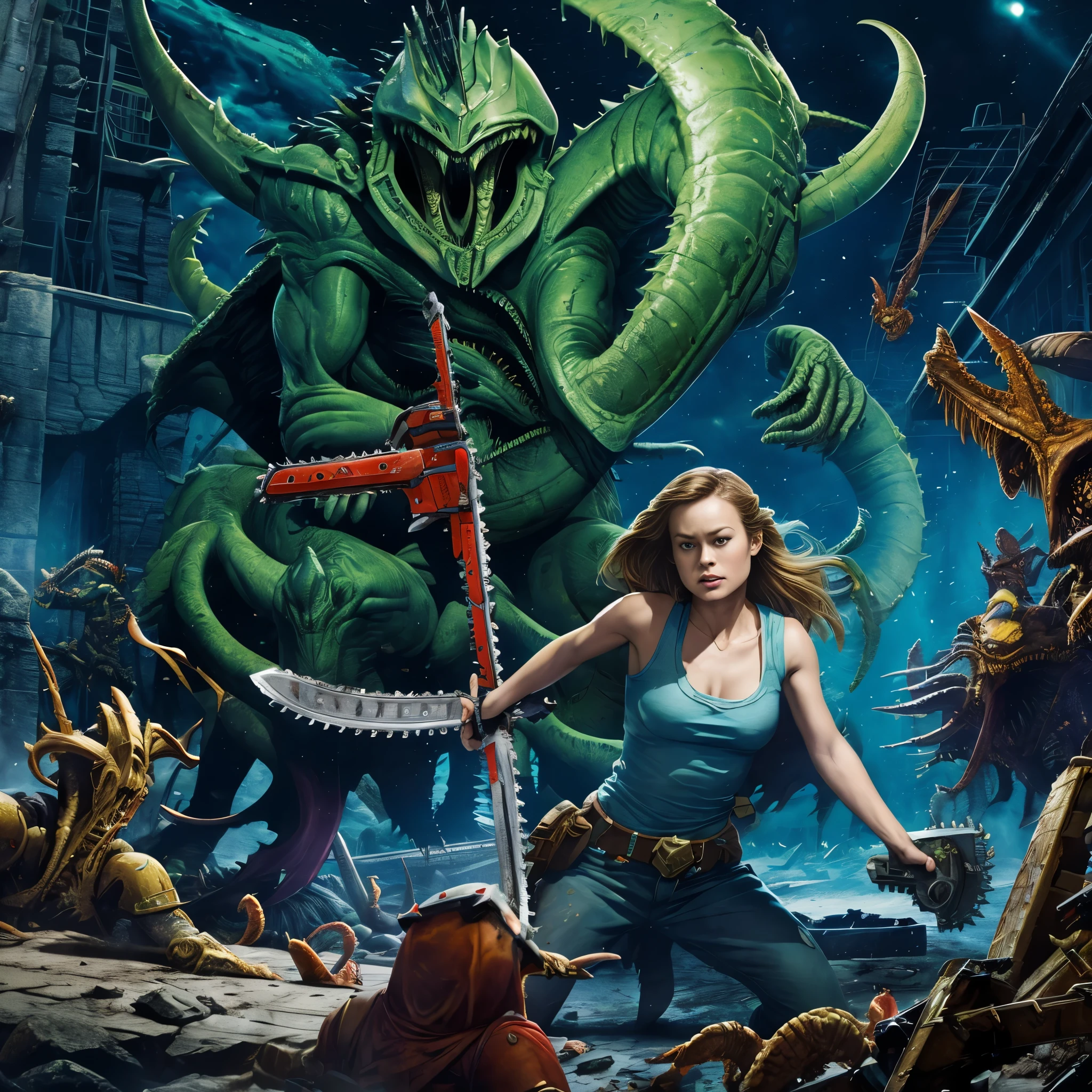 Brie Larson (age 25), is playing a warhammer 40k Sister of Battle, she is wielding a chainsword (chainsaw|sword) battling a Tyranid (alien|bug), horror, action