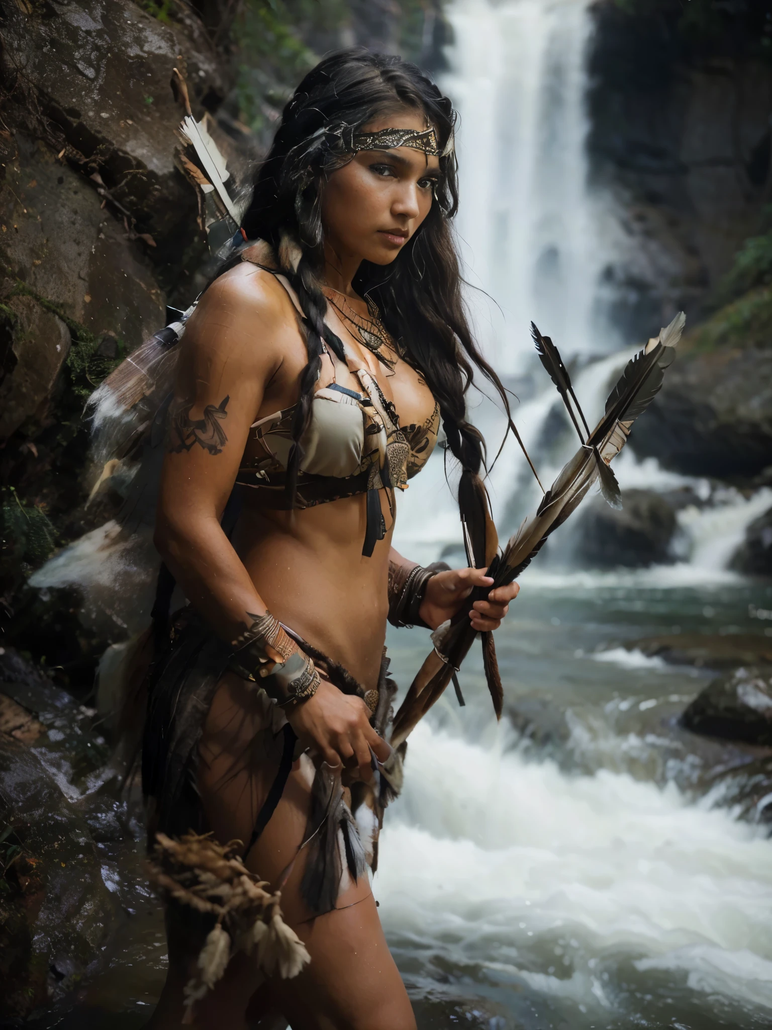 strong and agile indiana woman. Her black mixed grey hair falls in waves around her face as she concentrates on the fight. White skin, inland indiana cloth. His brown eyes flash with determination. Holding traditional arrow and bow. White wolf. Background is river and waterfall. She bikini in warrior clothing and has tribal tattoos that represent her connections to the tribe, in the style of realism art, photography, junglepunk, full body --ar 69:128 --stylize 750 --v 6