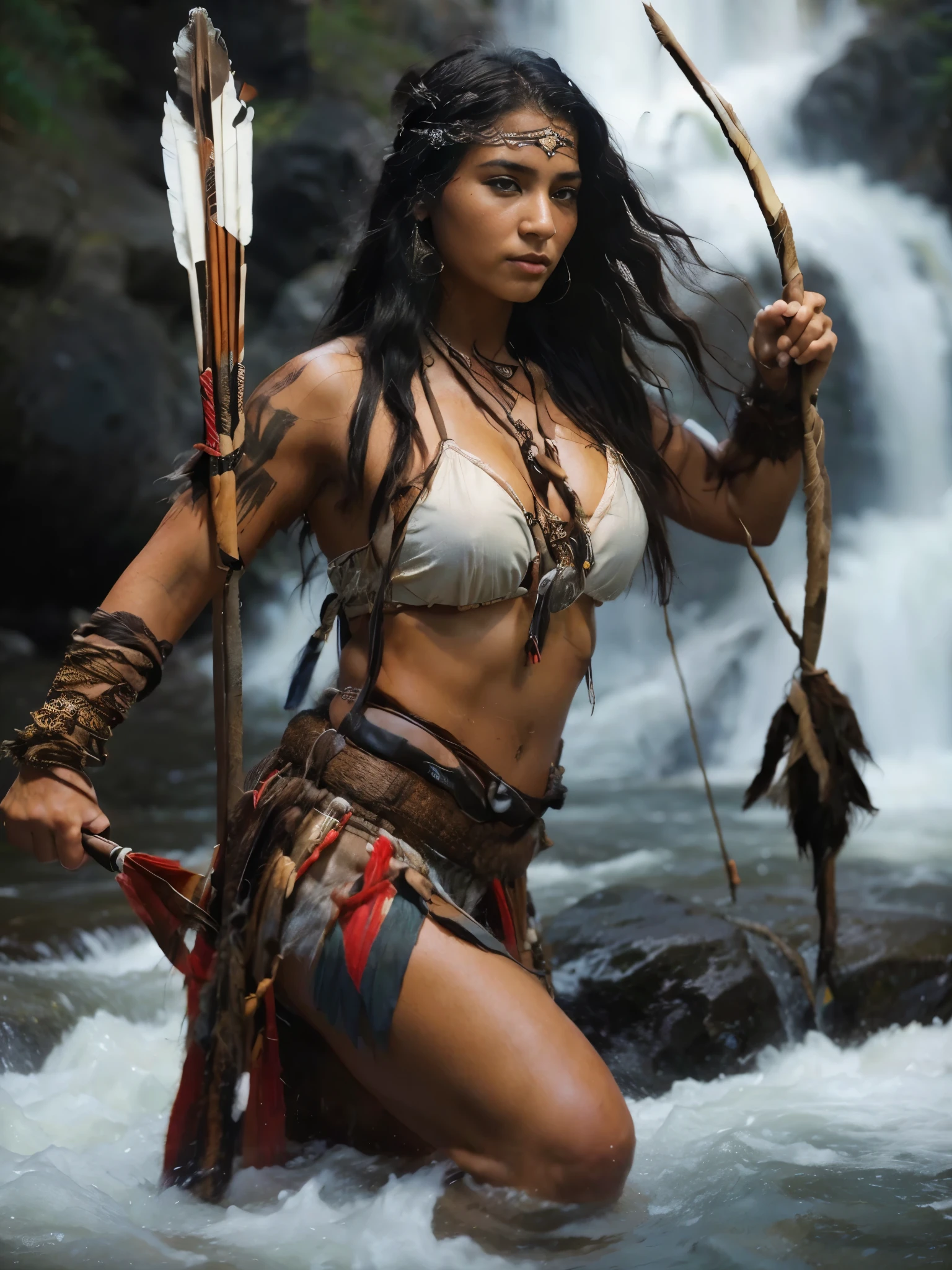 strong and agile indiana woman. Her black mixed grey hair falls in waves around her face as she concentrates on the fight. White skin, inland indiana cloth. His brown eyes flash with determination. Holding traditional arrow and bow. White wolf. Background is river and waterfall. She bikini in warrior clothing and has tribal tattoos that represent her connections to the tribe, in the style of realism art, photography, junglepunk, full body --ar 69:128 --stylize 750 --v 6