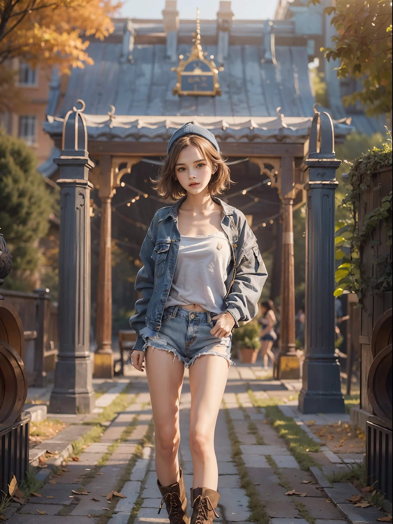 ((Small underhoulder length straight short hair: 1.2), （Extremely meticulous CG 8k wallpaper），（Extremely refined and beautiful），（Masterpiece）,((sharp_focus)),（best qualtiy：1.0），（Ultra High Resolution：1.0），beautiful light up，Perfect lightning，realistic shaded，[A high resolution]，Smooth and flawless fair skin，Extremely exquisite facial details，（perfect body：1.1），ultra - detailed，A beautiful girl，small head，(Small breasts:1.1)，Flat chests，slim，thin，Bandeau，（Light blue denim short skirt:1.1）,camel toe,(Black military boots:1.1)，early autumn，Dusk, sunset light，Standing at the school gate，Close Shot，Surrounded by a crowded crowd, (Emma_watson), full_body, 19 years old, tall, (smooth_abs:1.55), (abs:0.5), pretty, (long_skinny_legs), (skinny_waist), (((fair skin))), white skin, yellow/pink shorts, chestnut brown hair, looking at viewer, glasses, white knit hat, 