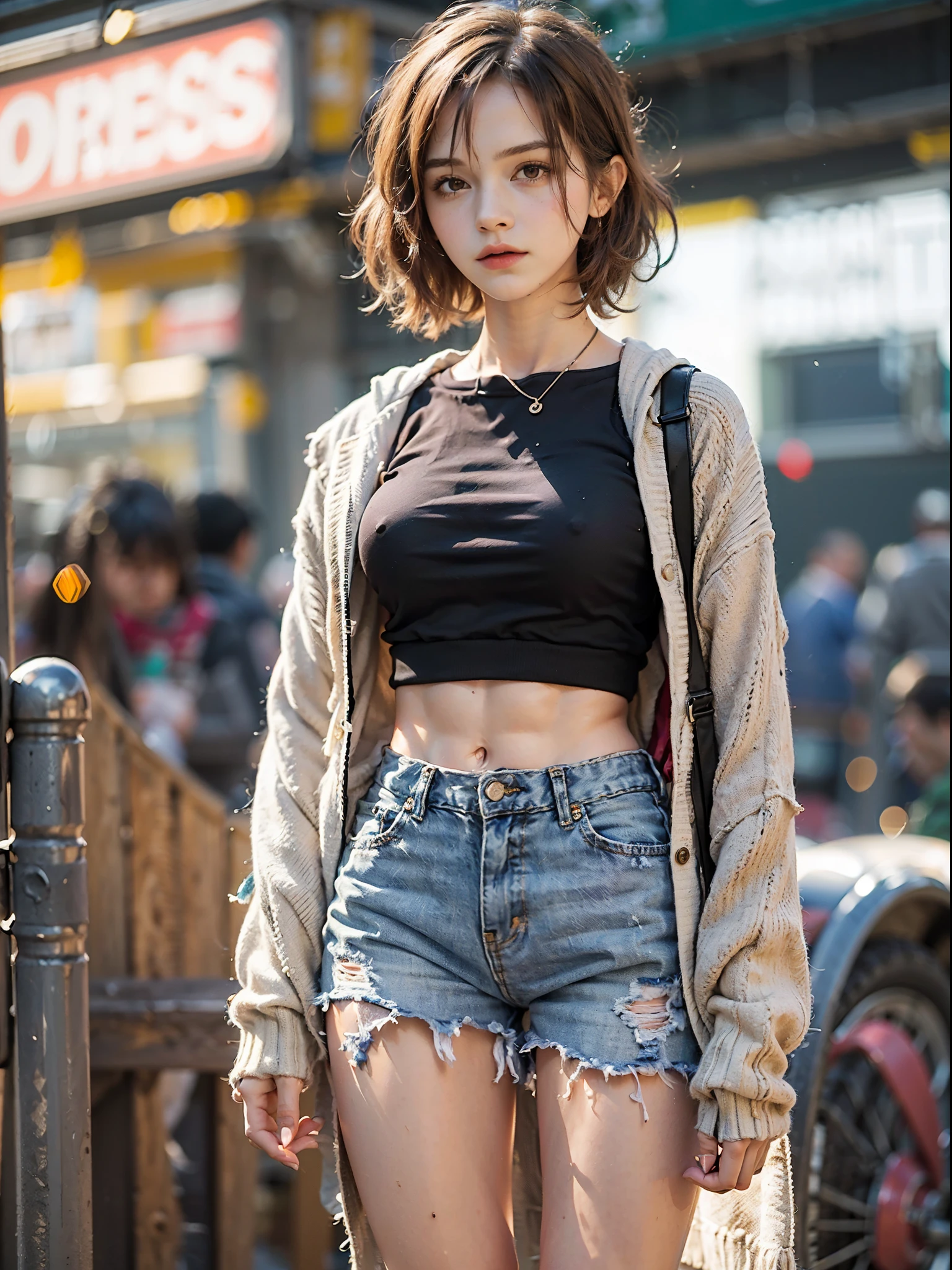 ((Small underhoulder length straight short hair: 1.2), （Extremely meticulous CG 8k wallpaper），（Extremely refined and beautiful），（Masterpiece）,((sharp_focus)),（best qualtiy：1.0），（Ultra High Resolution：1.0），beautiful light up，Perfect lightning，realistic shaded，[A high resolution]，Smooth and flawless fair skin，Extremely exquisite facial details，（perfect body：1.1），ultra - detailed，A beautiful girl，small head，(Small breasts:1.1)，Flat chests，slim，thin，Bandeau，（Light blue denim short skirt:1.1）,camel toe,(Black military boots:1.1)，early autumn，Dusk, sunset light，Standing at the school gate，Close Shot，Surrounded by a crowded crowd, (Emma_watson), full_body, 19 years old, tall, (smooth_abs:1.55), (abs:0.5), pretty, (long_skinny_legs), (skinny_waist), (((fair skin))), white skin, yellow/pink shorts, chestnut brown hair, looking at viewer, glasses, white knit hat, 