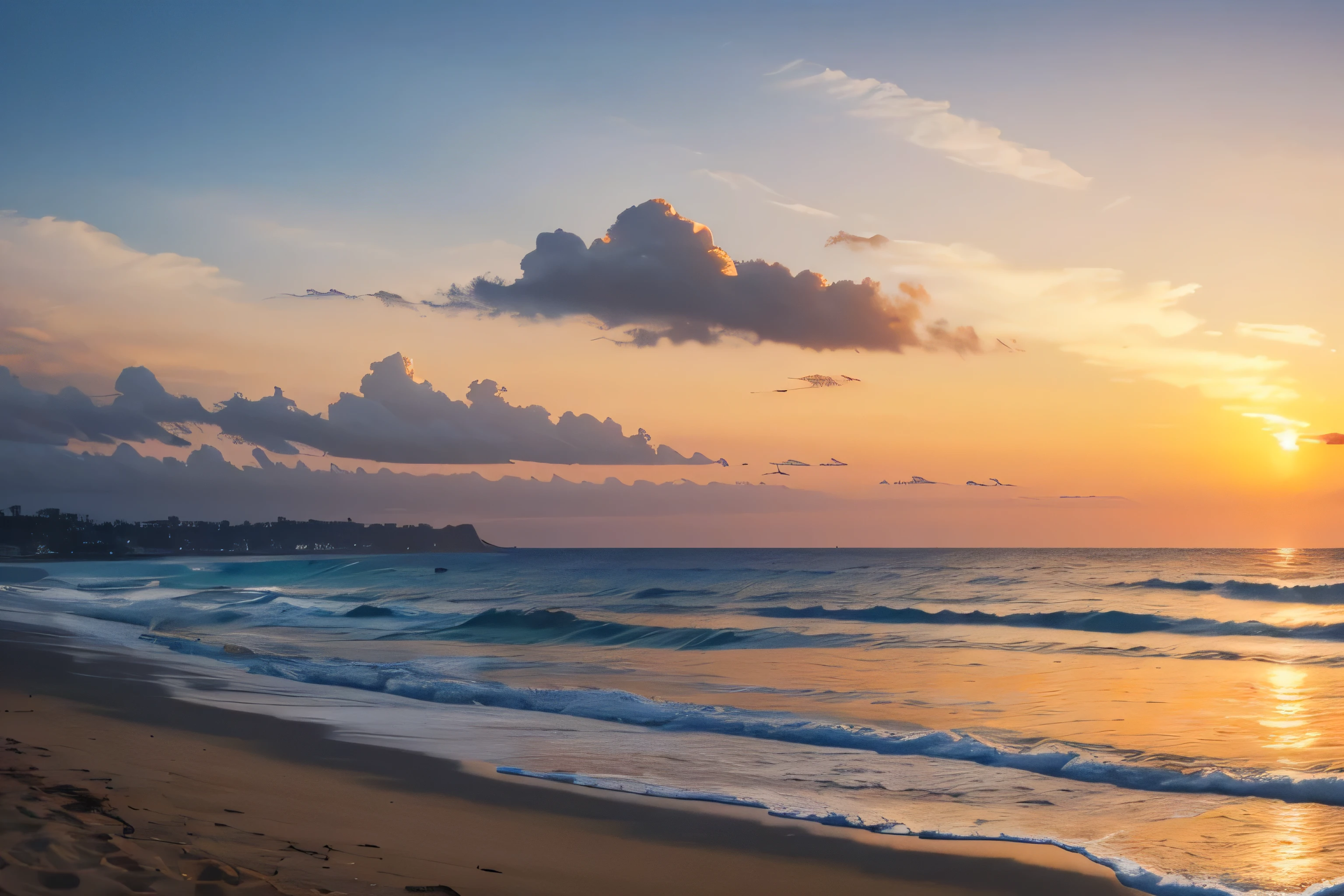 (highest quality,super detailed,realistic:1.37),sunset,coastline,beautiful scenery,warm colors,calm,beach,sea waves,Sun setting on the horizon,breeze,golden reflection on the water surface,sparkling soft sand,seagulls flying far away,Silhouette of a palm tree,beautiful scenery,tranquility,The hazy sky reflected on the water surface,crimson and orange shades,,dreamy atmosphere,tranquility,Silent crashing waves,A moment of bliss,calm海の音,calm and breathtaking,unforgettable sunset.