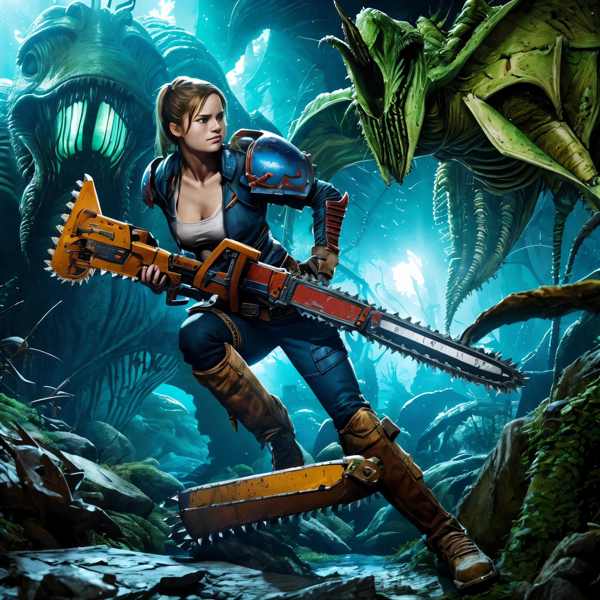Brie Larson (age 25), is playing a warhammer 40k Sister of Battle, she is wielding a chainsword (chainsaw|sword) battling a Tyranid (alien|bug), horror, action
