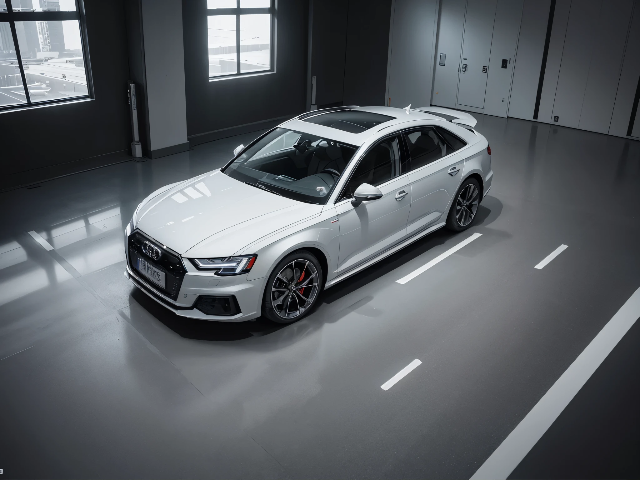 2023 Audi A6, aerial view, white body, in high-end car sales hall, centered composition, commercial photography, ultra high definition, 16K, - V6.0 --ar 1:1 --stylize 750 --v 6