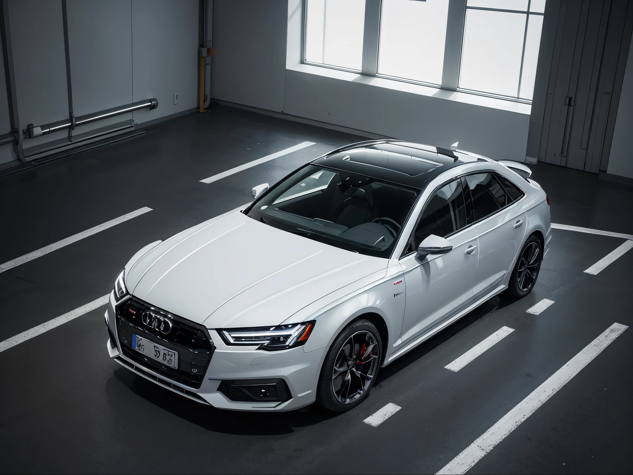 2023 Audi A6, aerial view, white body, in high-end car sales hall, centered composition, commercial photography, ultra high definition, 16K, - V6.0 --ar 1:1 --stylize 750 --v 6