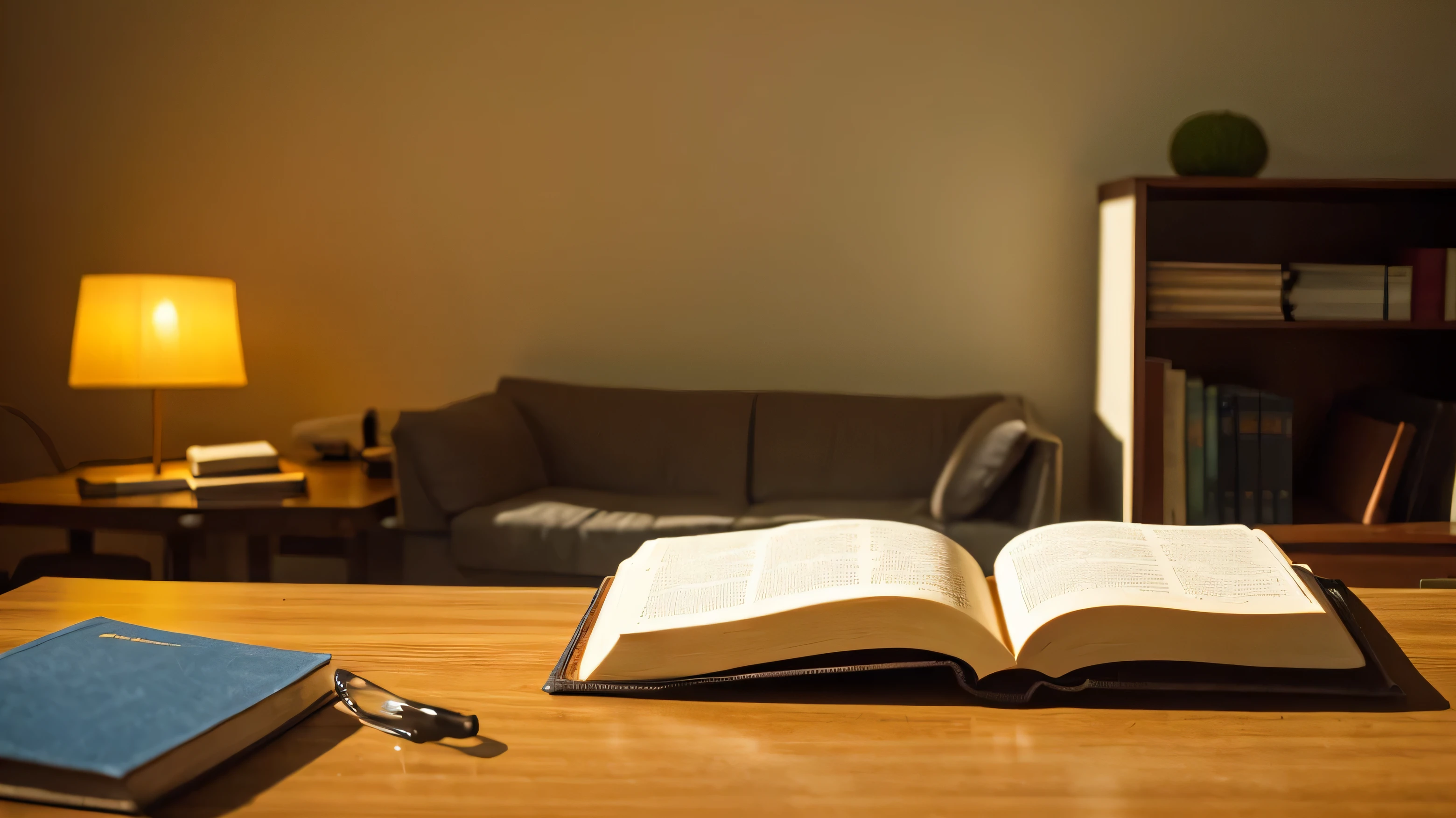 bible on desk、Study room with a calm atmosphere、warm light、sofa、High resolution