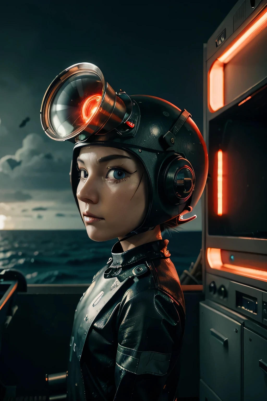 Un dibujo animado plano moderno Loco con un Big ONE, un robot con un solo ojo y un estilo de casco., Pinzas en las manos, Cabeza de TV, cabeza de alfiler, camuflaje rojo oxidado, Super detailed ocean environment., centro, hermoso, Soft lighting, Centrado en el personaje, 4k resolution, photorealistic representation.