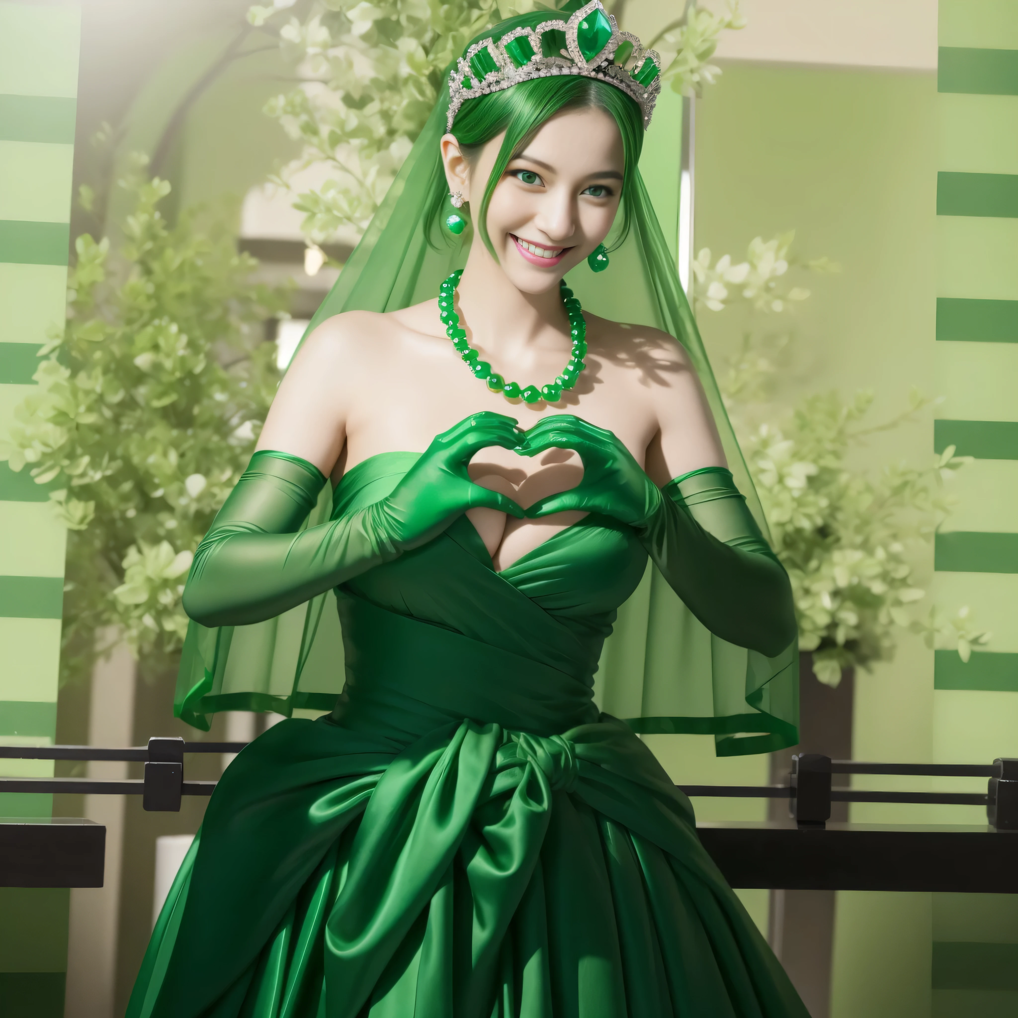 emerald tiara, green pearl necklace, boyish very short green hair, lipstick, smiling Japanese woman, very short hair, beautiful, green eyes, Long Green Satin Gloves, green eyes, V sign, emerald earrings, green veil, green lip gloss