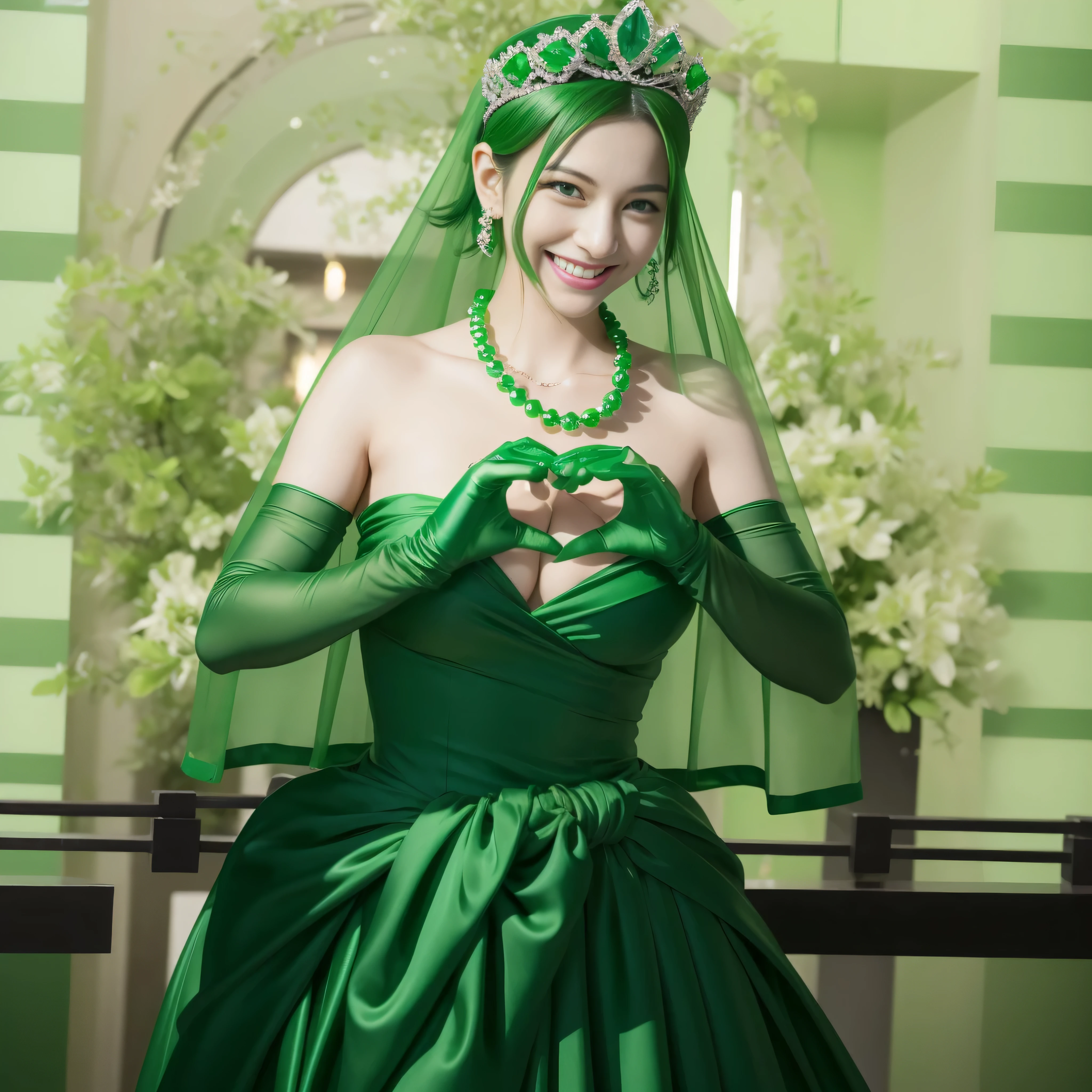 emerald tiara, green pearl necklace, boyish very short green hair, lipstick, smiling Japanese woman, very short hair, big breasts beautiful, green eyes, Long Green Satin Gloves, green eyes, V sign, emerald earrings, green veil, green lip gloss
