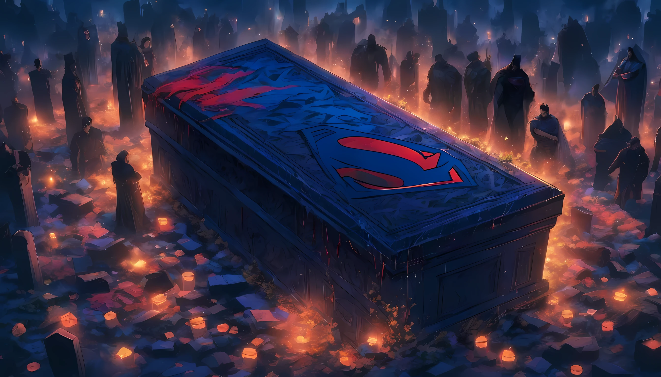 a coffin with the Superman logo on it to a cemetery in Gotham City, surrounded by the justice league member