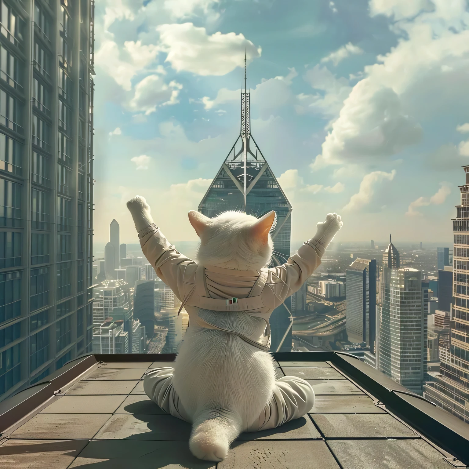 there is a cat that is sitting on a ledge in the city, perched on a skyscraper, inspired by Jean-Léon Gérôme, new cats movie, sitting on a skyscraper rooftop, beeple and mike winkelmann, furraffinity, beeple!!, beeple |, beeple and tim hildebrandt