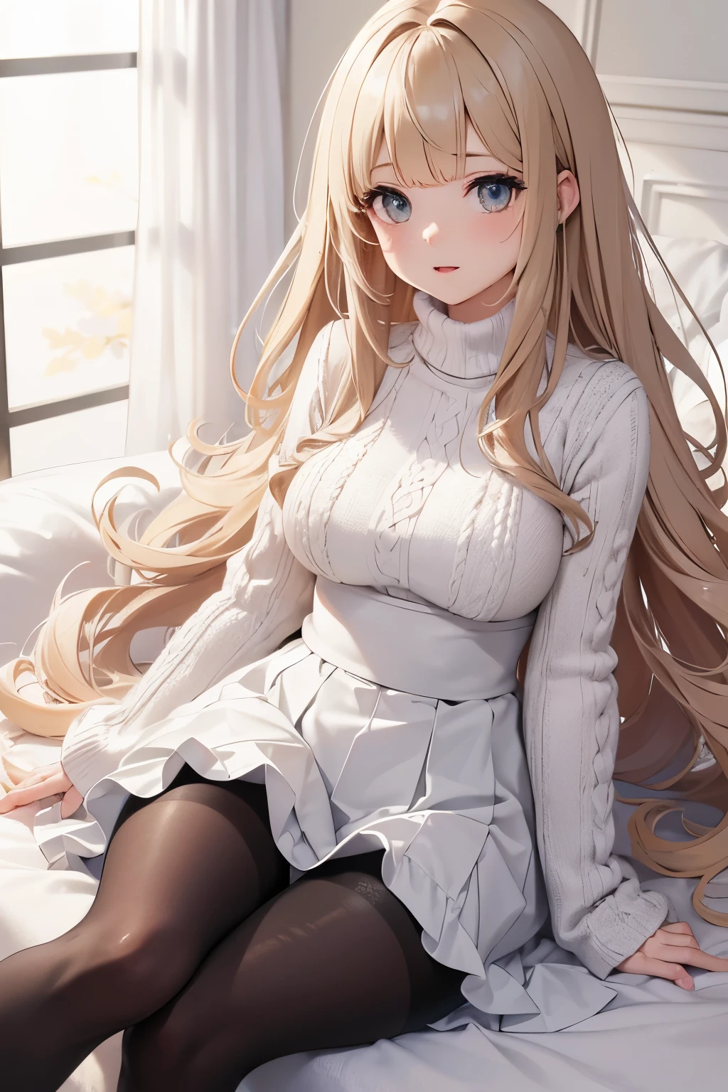 best quality, 32k, RAW photo, incredibly absurdres, extremely detailed, delicate texture, cute woman, (glossy fluffy flowing layered side blow bangs medium hairstyle), wearing fluffy long-pile knit sweater, fluffy skirt, skirt lift, pantyhose, fluffy long boots, superlative body proportion, background pastel color