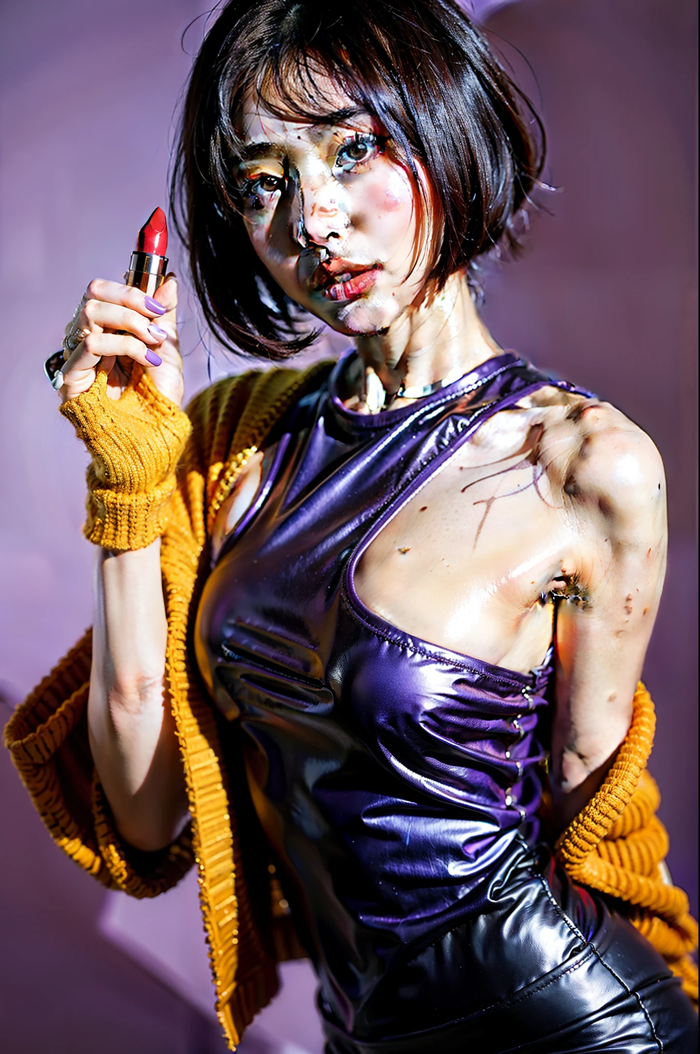 korean girl, slim face, bob cut, zhouzhou, gym outfit, purple background, holding a lipstick in front of camera, doing ad shoot, 8k, hyper-realistic, photo-realistic