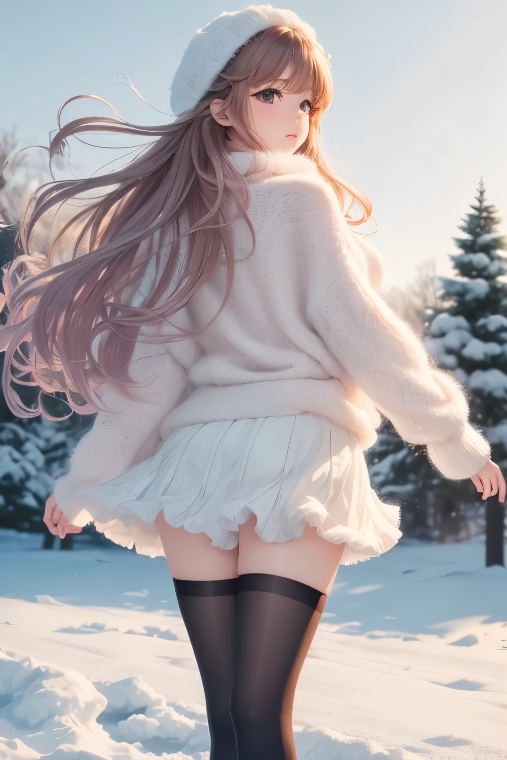 best quality, 32k, RAW photo, incredibly absurdres, extremely detailed, delicate texture, cute woman, (fluffy layered side blow flowing glossy medium hair), wearing fluffy long-pile knit sweater, fluffy skirt, skirt lift, pantyhose, fluffy long boots, superlative body proportion, background pastel color