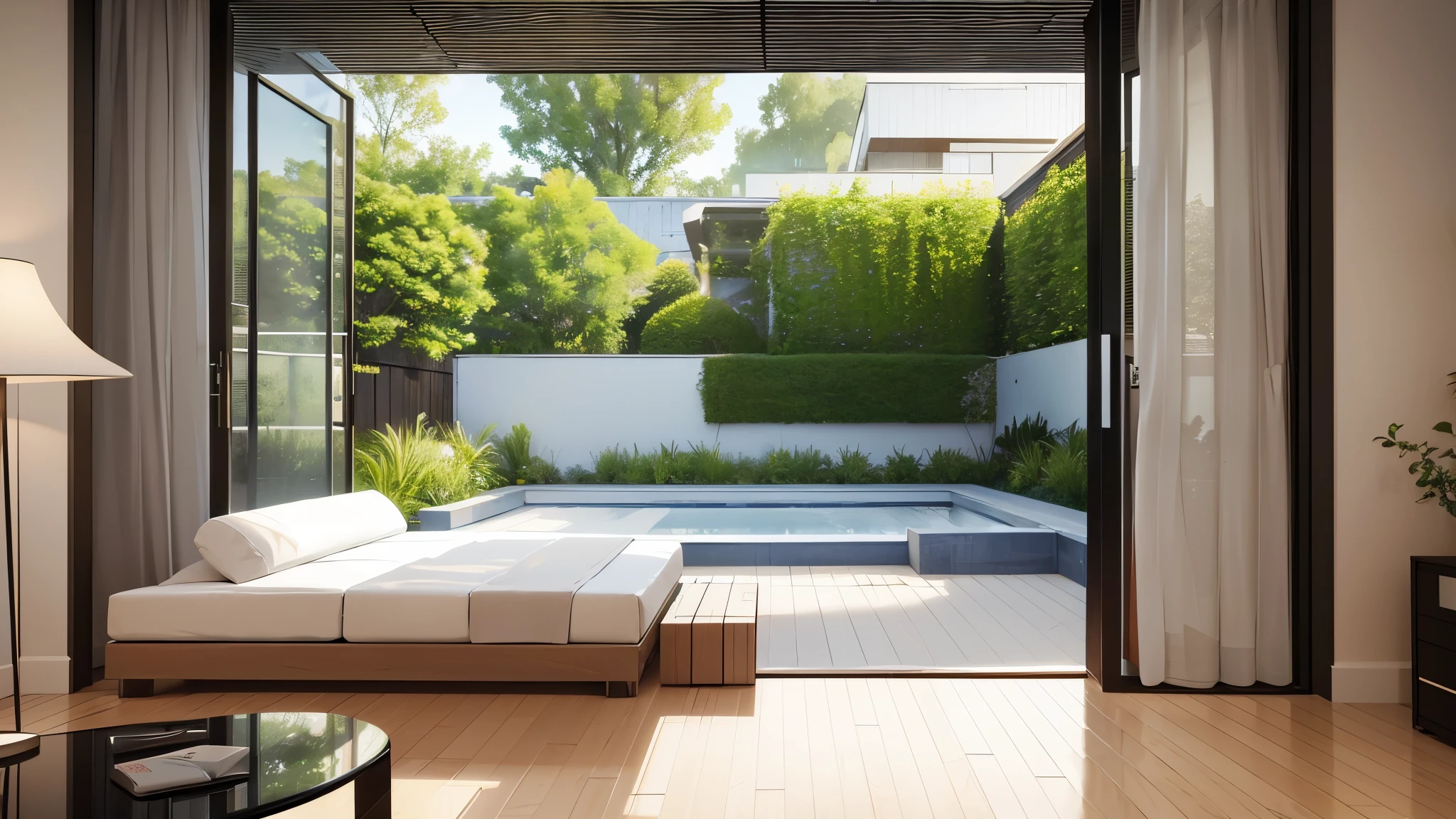 You are a famous interior designer、You have been asked to create a 3D image of a modern large room. Create a harmonious environment with modern and minimalist furniture. Including garden interior.