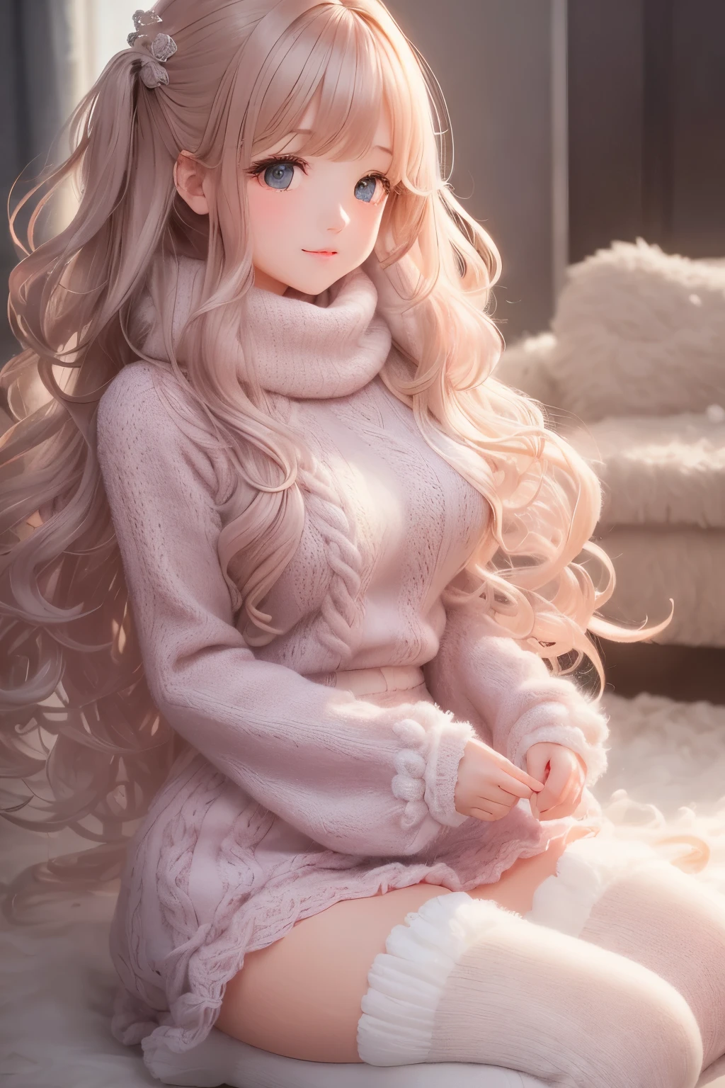 best quality, 32k, RAW photo, incredibly absurdres, extremely detailed, delicate texture, cute woman, (fluffy layered side blow flowing glossy medium hair), wearing fluffy long-pile knit sweater, fluffy skirt, skirt lift, pantyhose, fluffy long boots, superlative body proportion, background pastel color