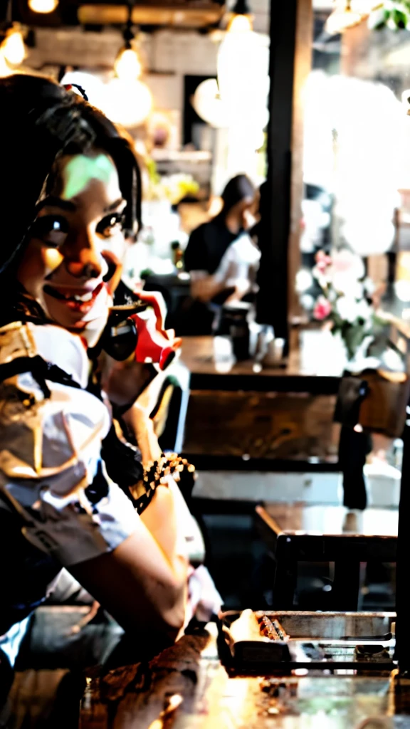 beautiful woman sitting in traditional coffee shop, drinking coffee, moody coffee shop, modern moody coffee shop background, woman looking cheerful https://s.mj.run/3zU6-2D94Po --ar 2:3