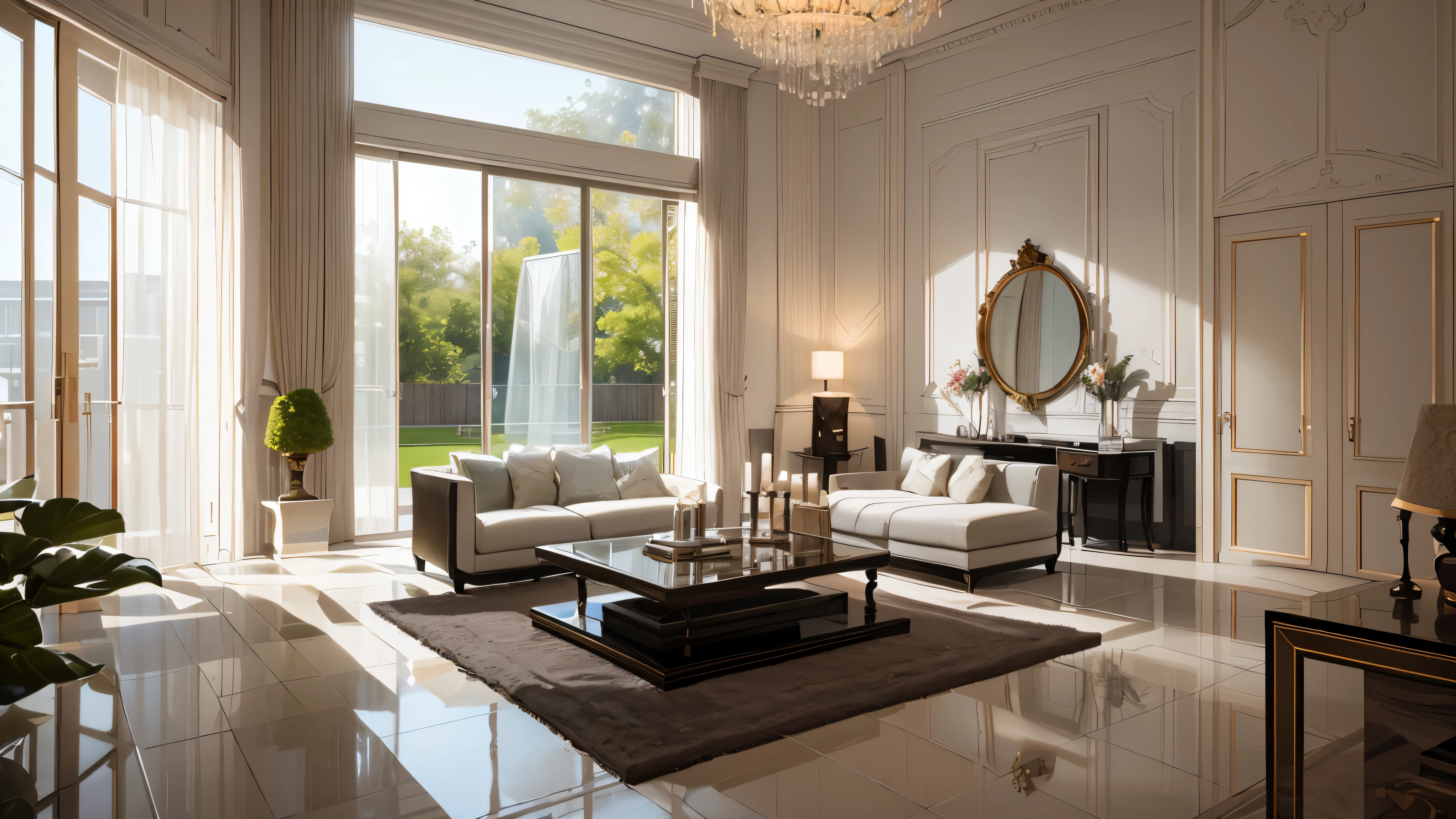 You are a famous interior designer、You have been asked to create a 3D image of a modern large room. Create a harmonious environment with modern and minimalist furniture. Including garden interior.
