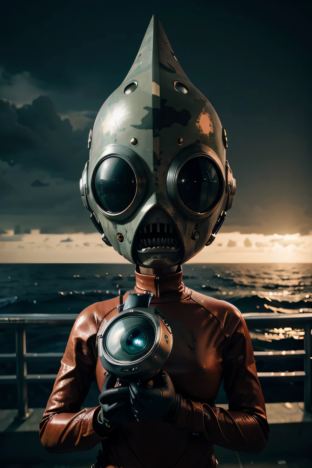 Un dibujo animado plano moderno Loco con un Big ONE, un robot con un solo ojo y un estilo de casco., Pinzas en las manos, Cabeza de TV, cabeza de alfiler, camuflaje rojo oxidado, Super detailed ocean environment., centro, hermoso, Soft lighting, Centrado en el personaje, 4k resolution, photorealistic representation.